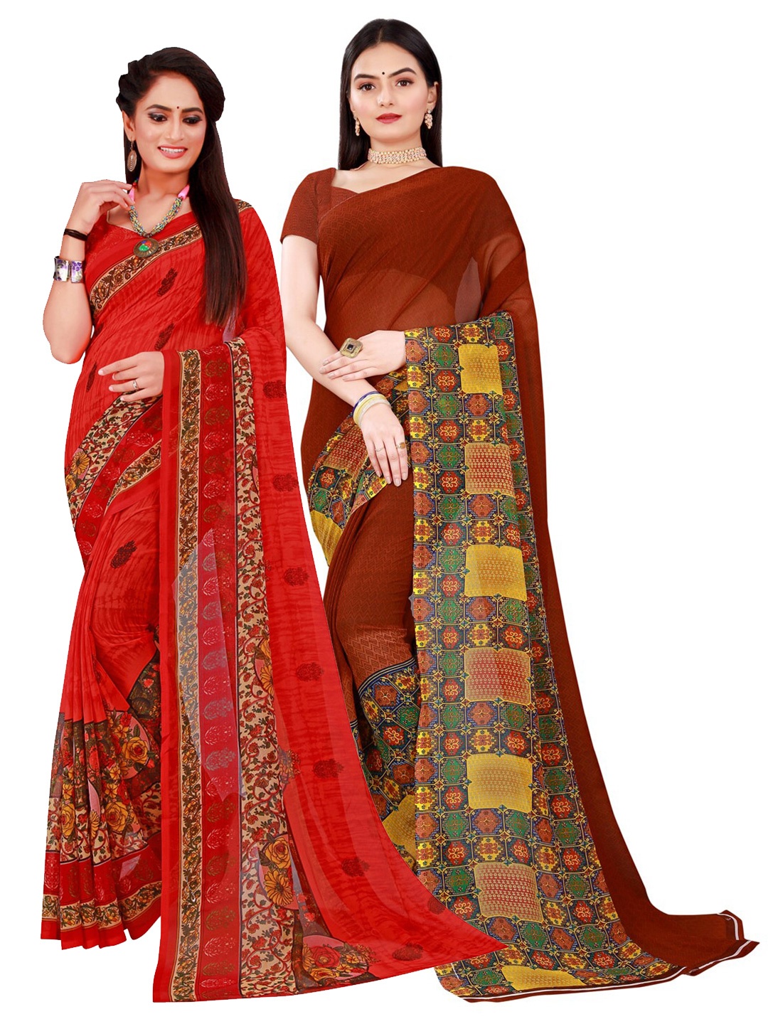

Florence Red & Maroon Pack of 2 Floral Pure Georgette Saree