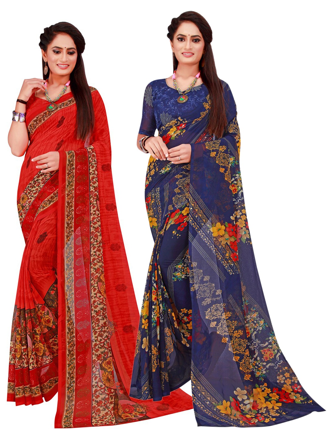 

Florence Red & Blue Pack of 2 Floral Pure Georgette Saree