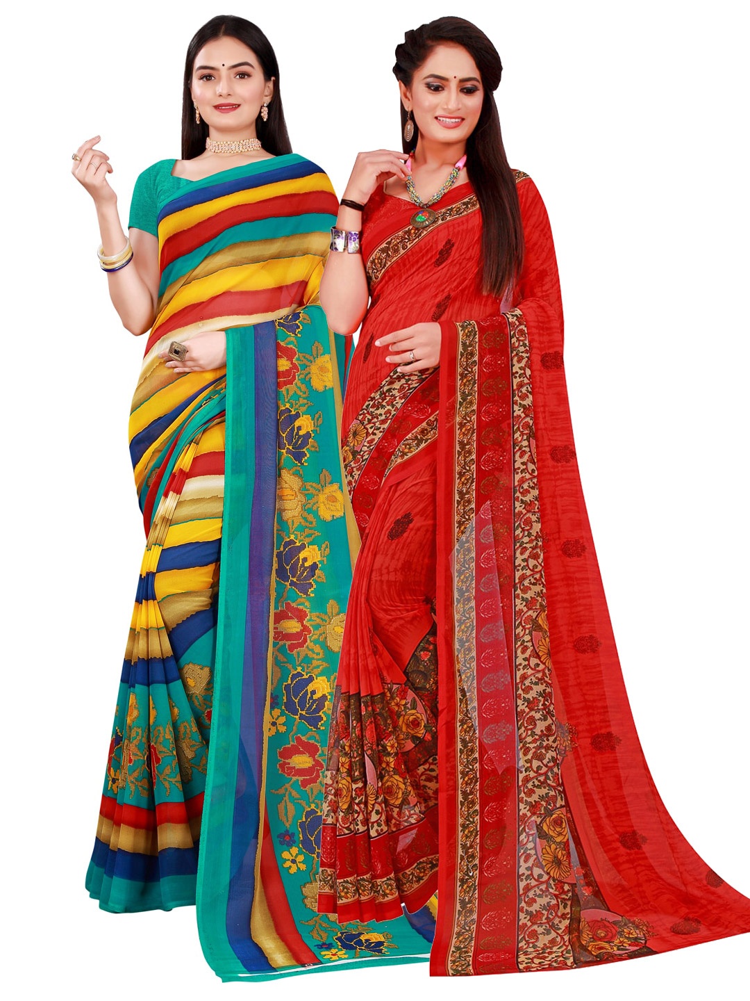 

Florence Set Of 2 Multicoloured Striped Pure Georgette Saree, Multi