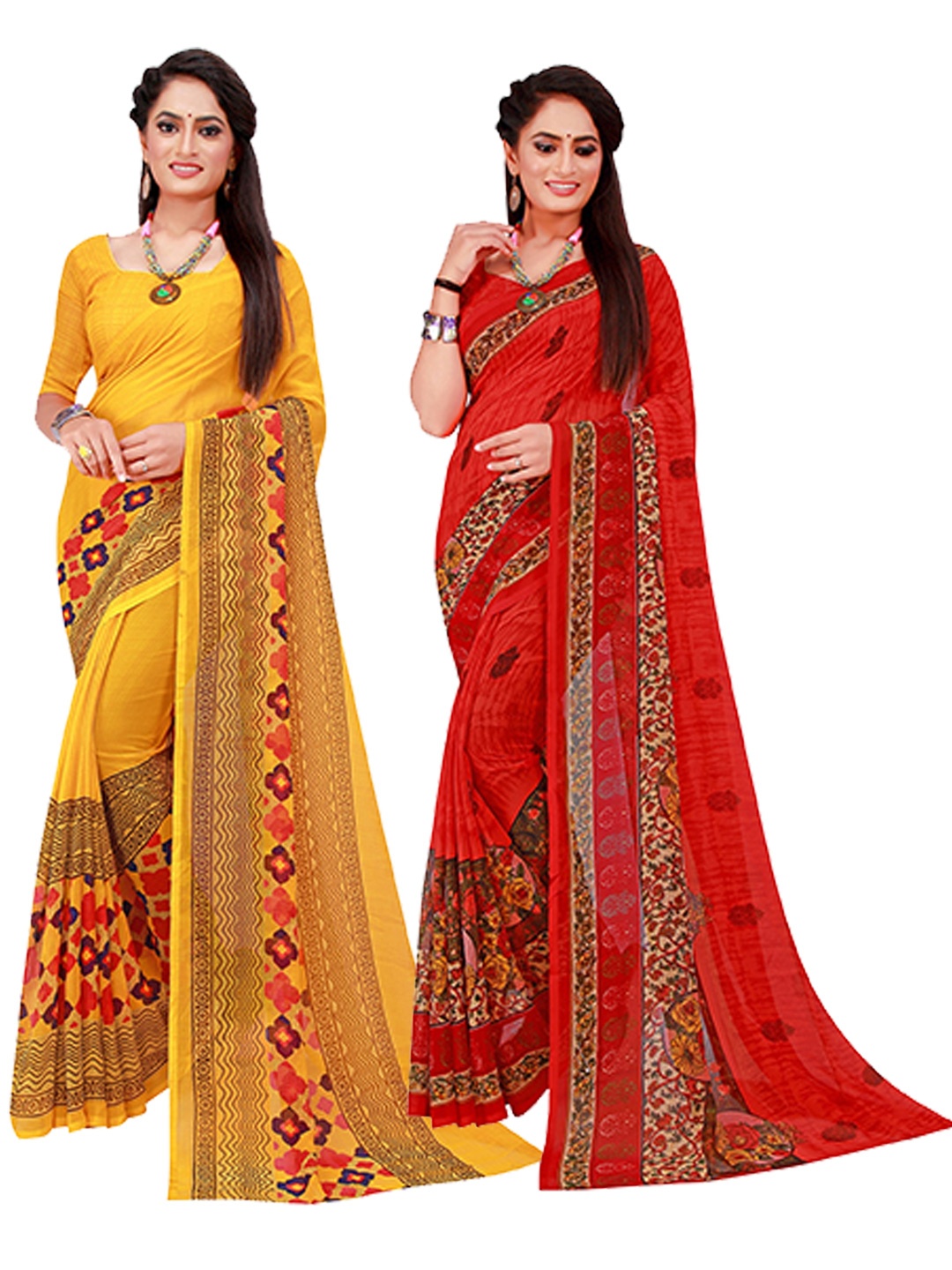 

Florence Yellow & Red Set Of 2 Floral Pure Georgette Saree
