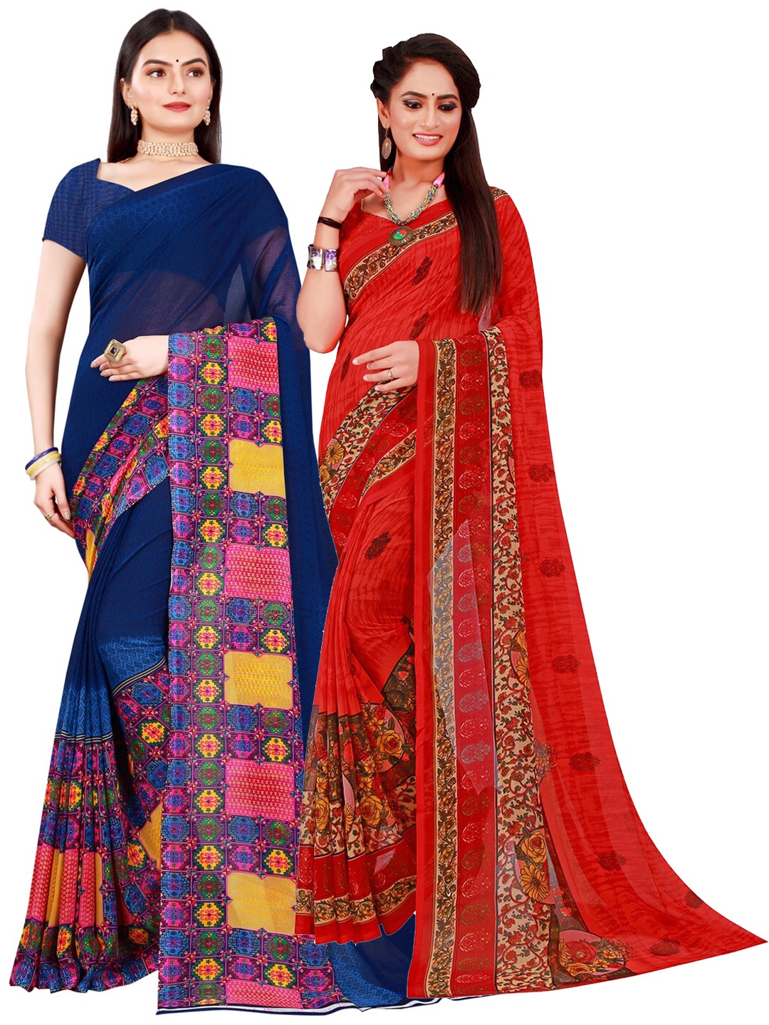Florence Red & Navy Blue Pack of 2 Floral Pure Georgette Saree