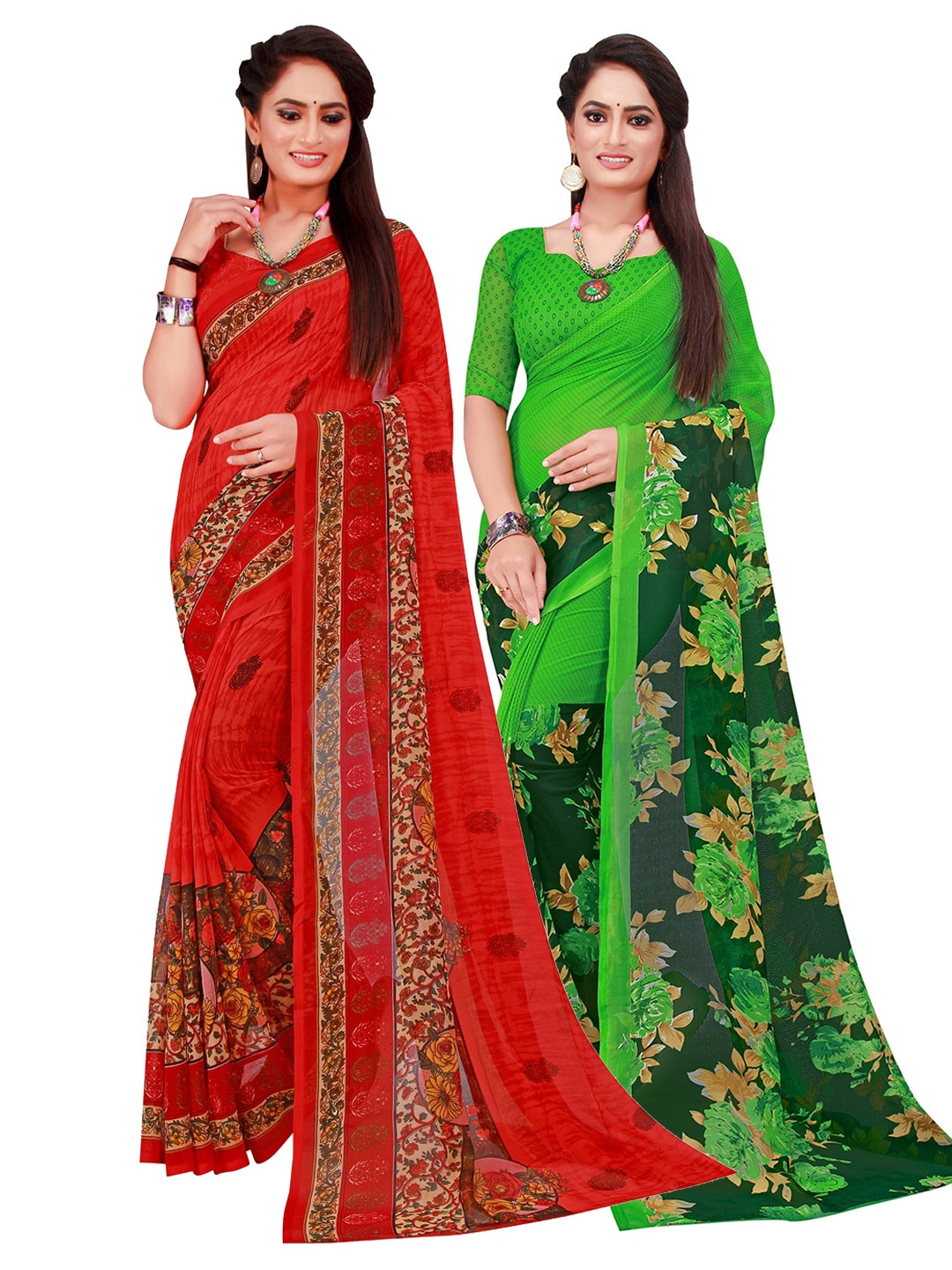 

Florence Red & Green Set Of 2 Floral Pure Georgette Saree