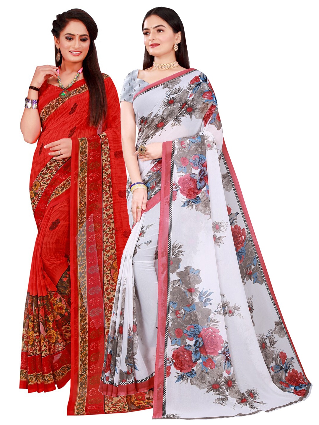 Florence Red & White Set Of 2 Floral Pure Georgette Saree