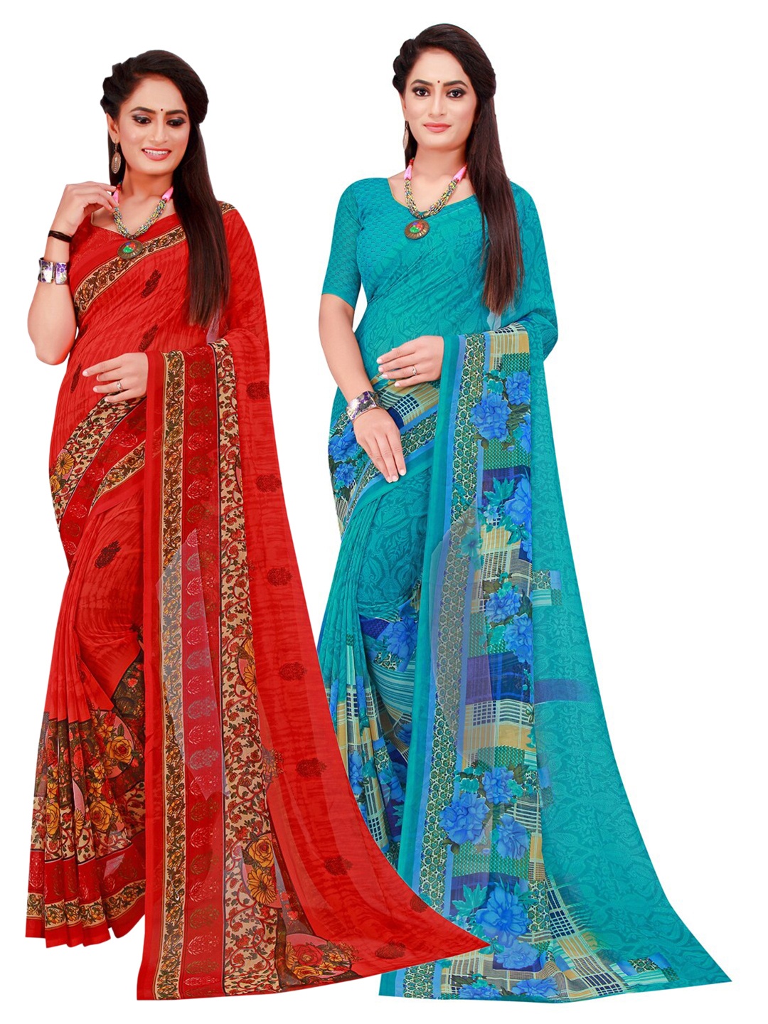 

Florence Turquoise Blue & Red Set Of 2 Floral Pure Georgette Saree