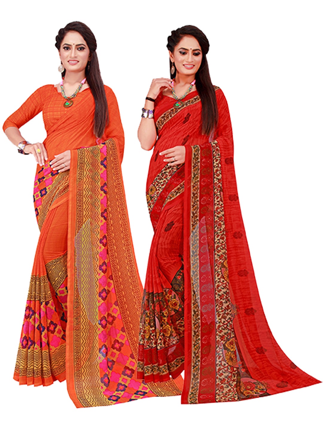 

Florence Orange & Red Pack of 2 Floral Pure Georgette Saree