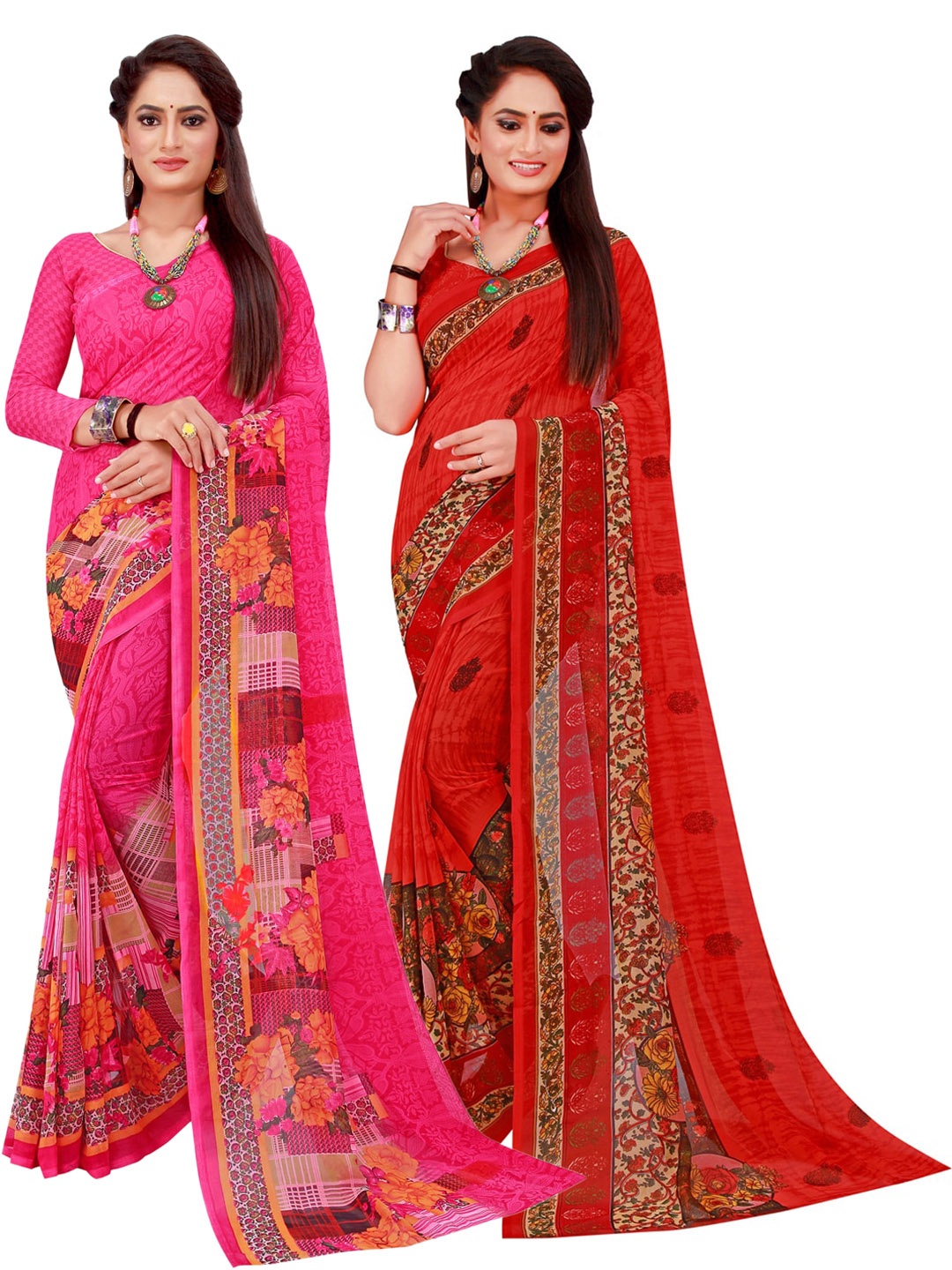 

Florence Pink & Red Set Of 2 Floral Pure Georgette Saree