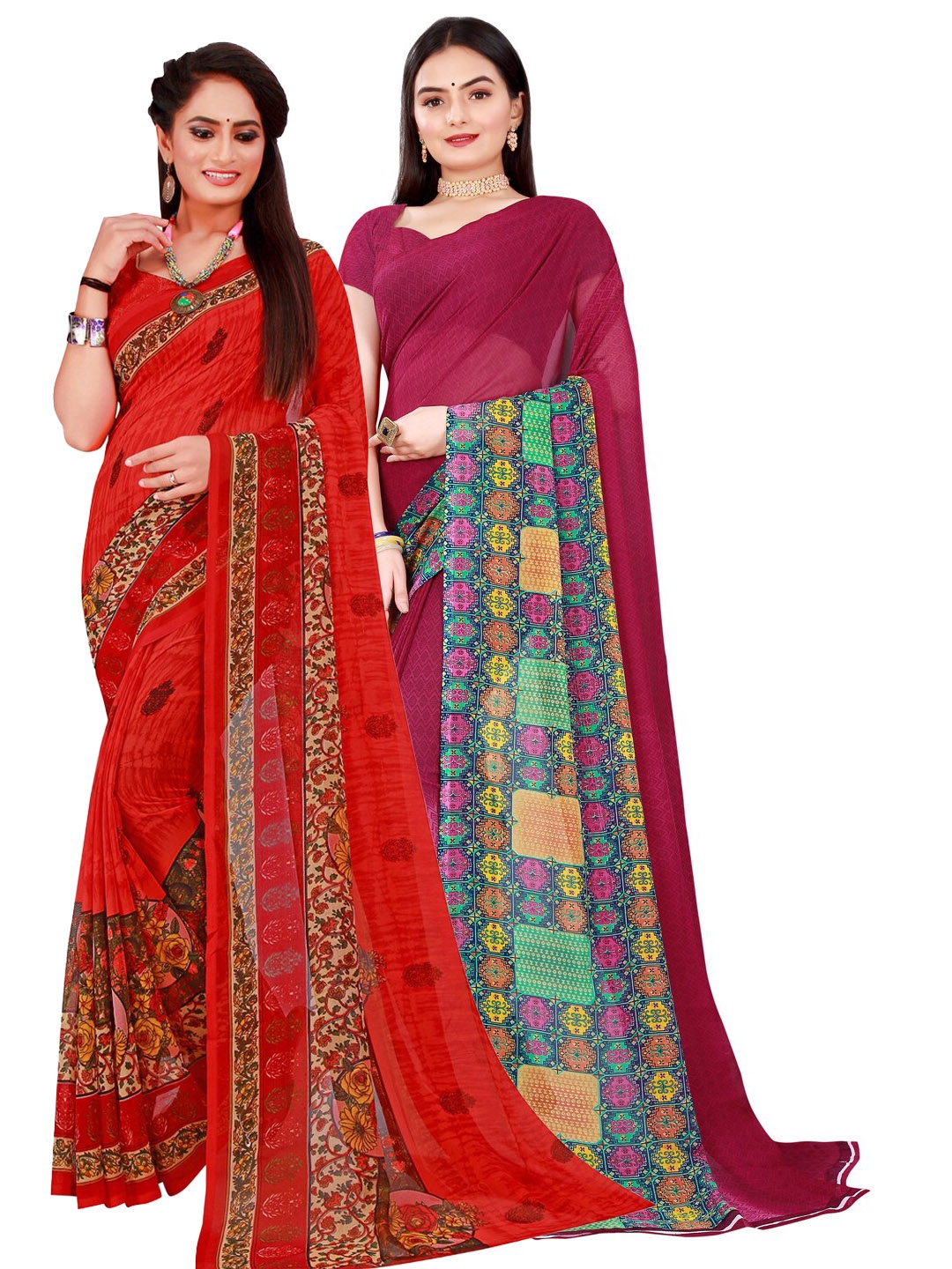 Florence Red & Burgundy Pack of 2 Floral Pure Georgette Saree