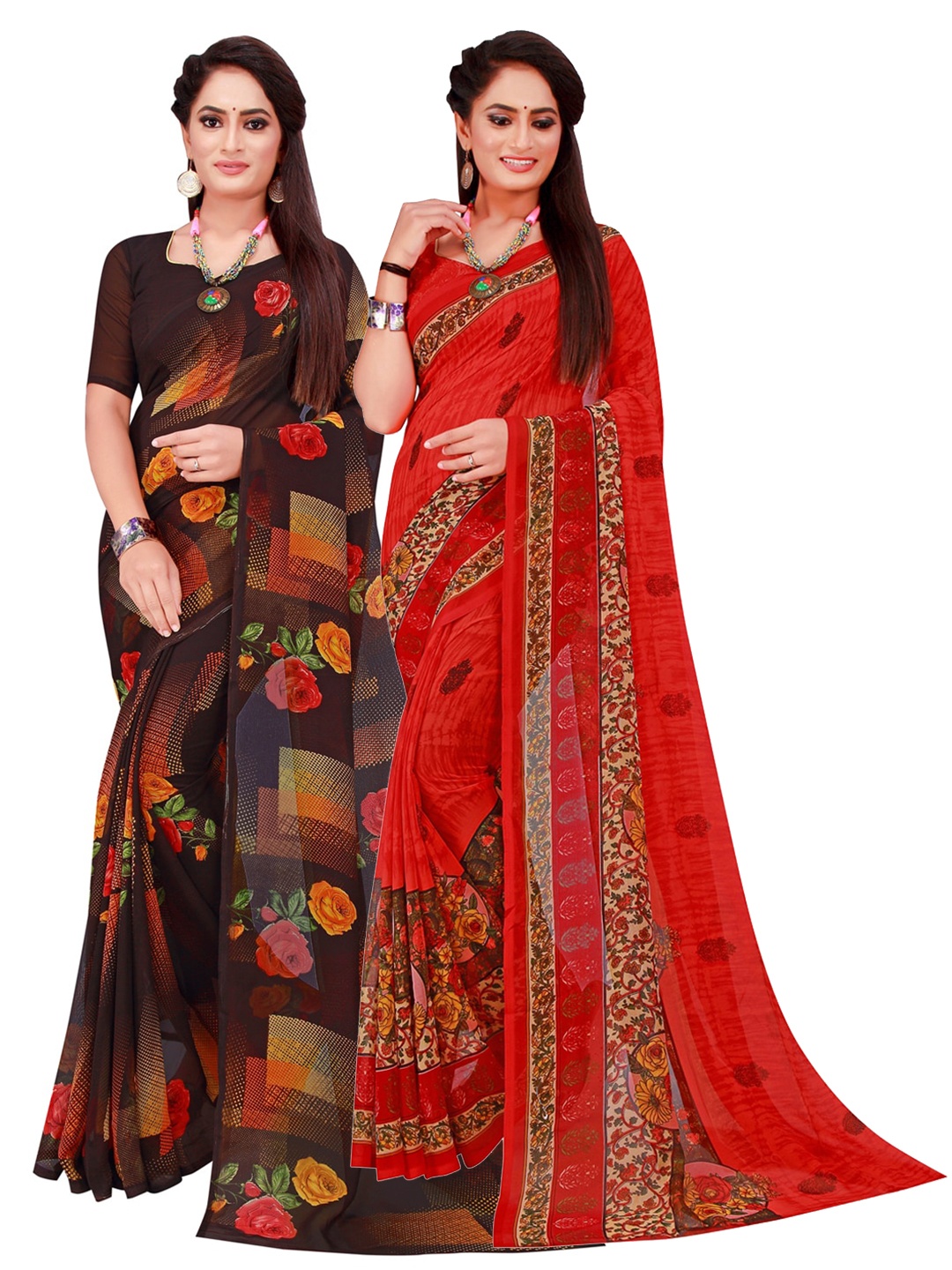 

Florence Pack Of 2 Red & Black Pure Georgette Saree