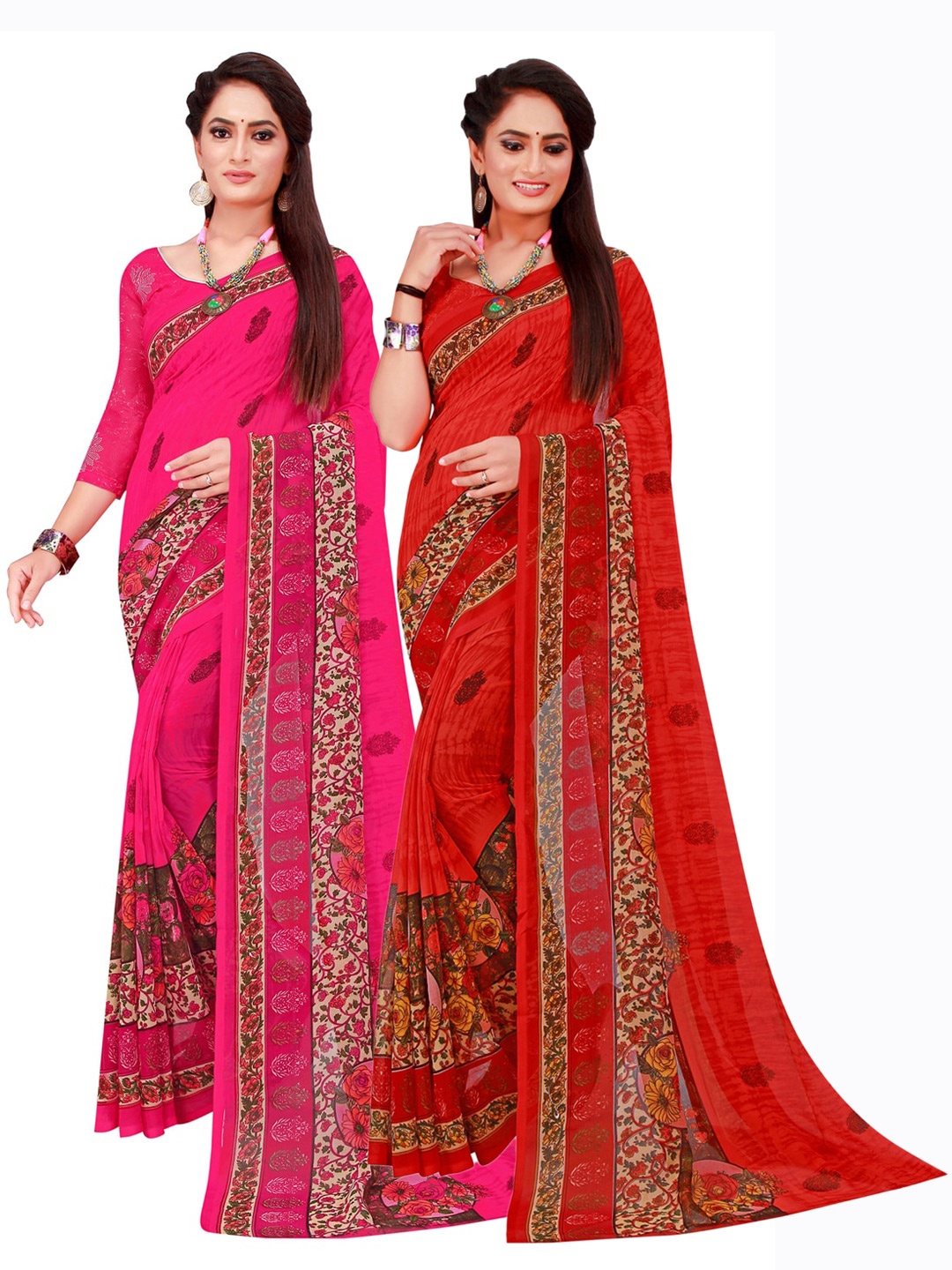 

Florence Red & Magenta Set Of 2 Floral Pure Georgette Saree