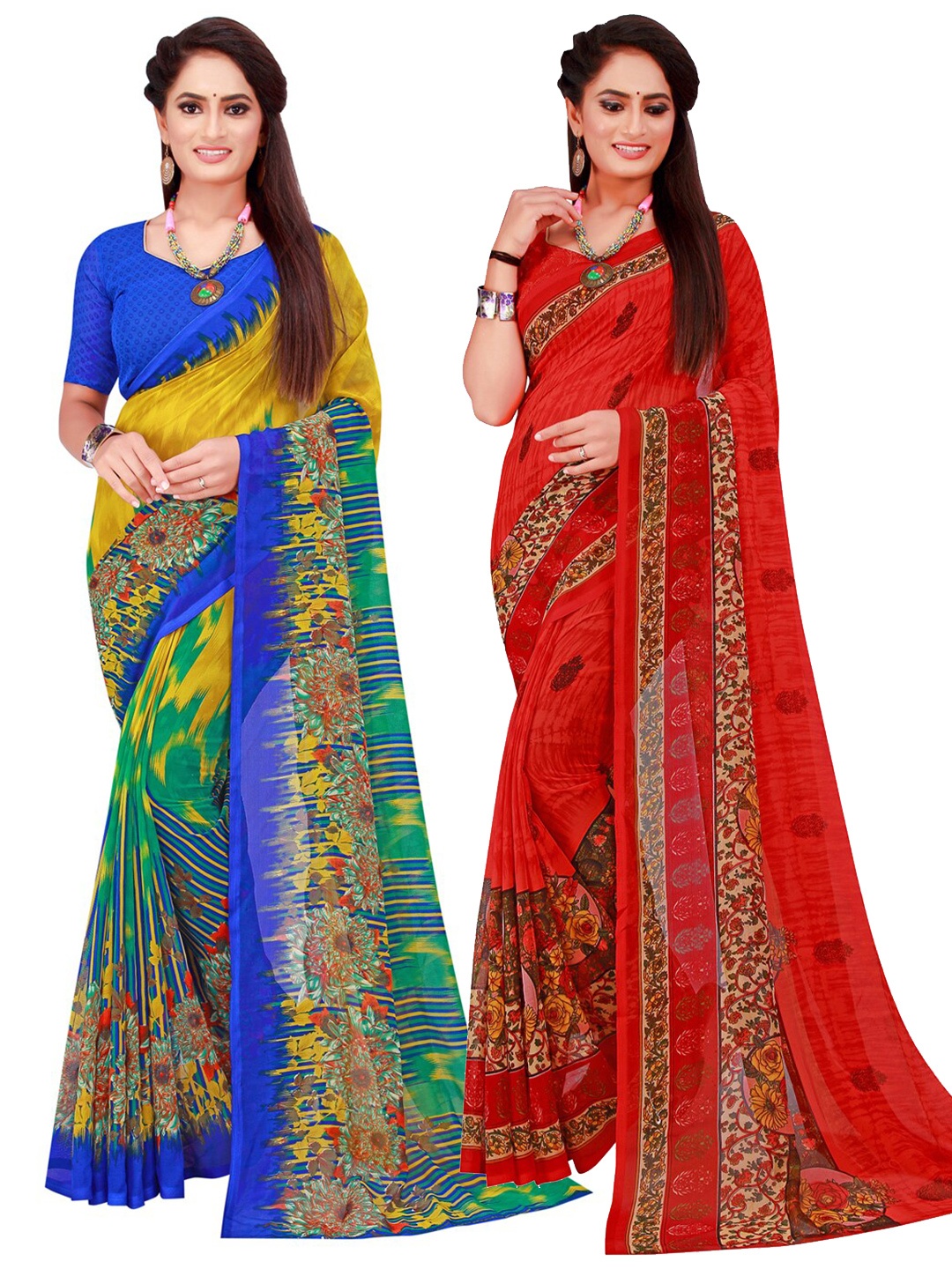 

Florence Blue & Red Pack of 2 Floral Pure Georgette Saree