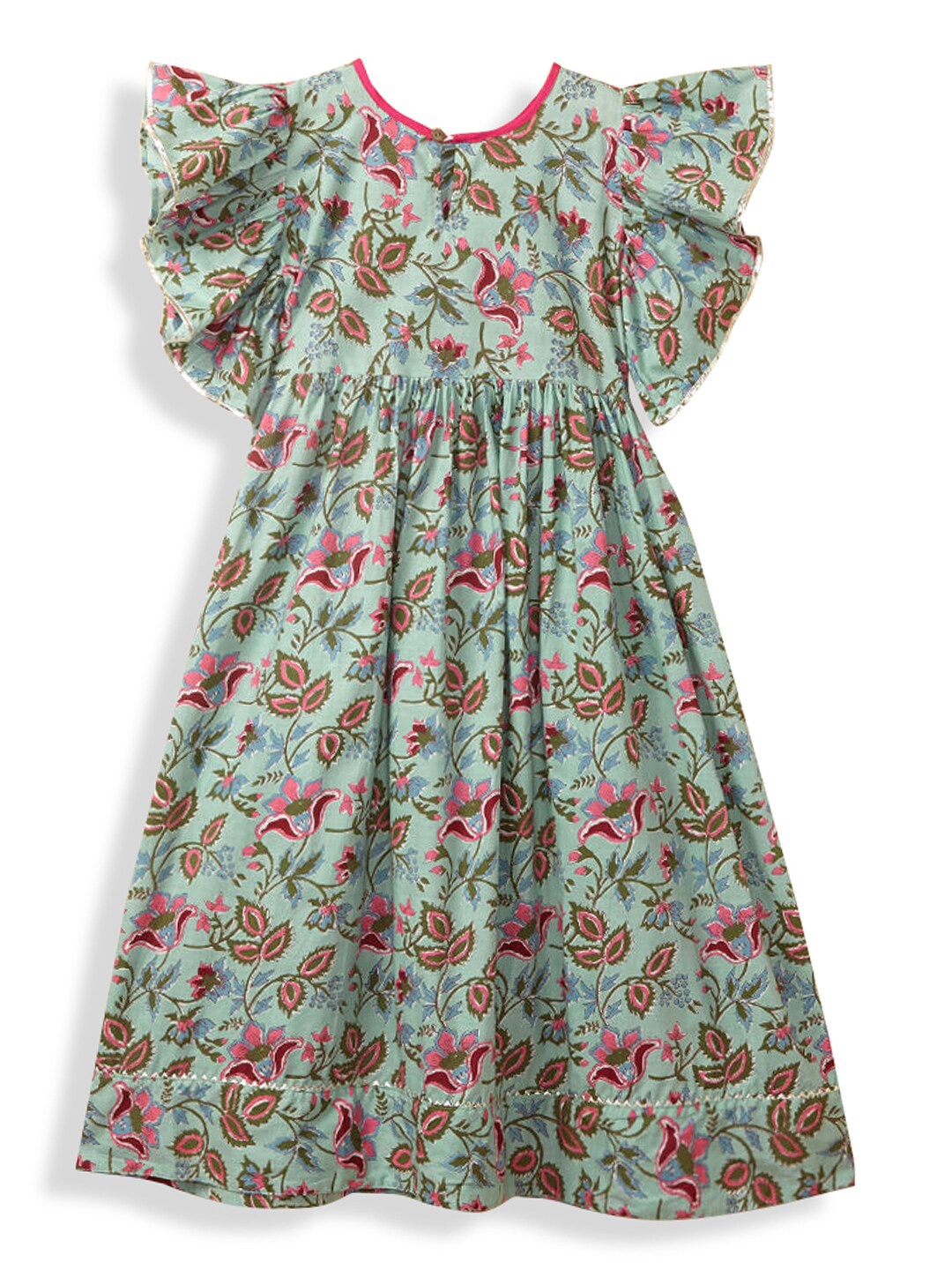 Hopscotch Girls Blue Floral Fit & Flare Cotton Ethnic Dress