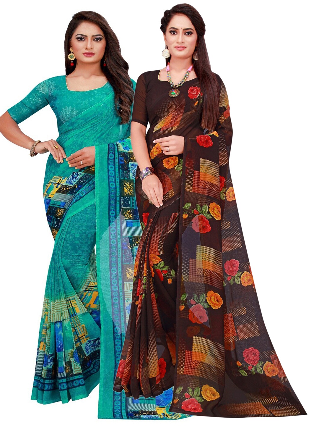 

KALINI Turquoise Blue & Black Set Of 2 Floral Pure Georgette Saree