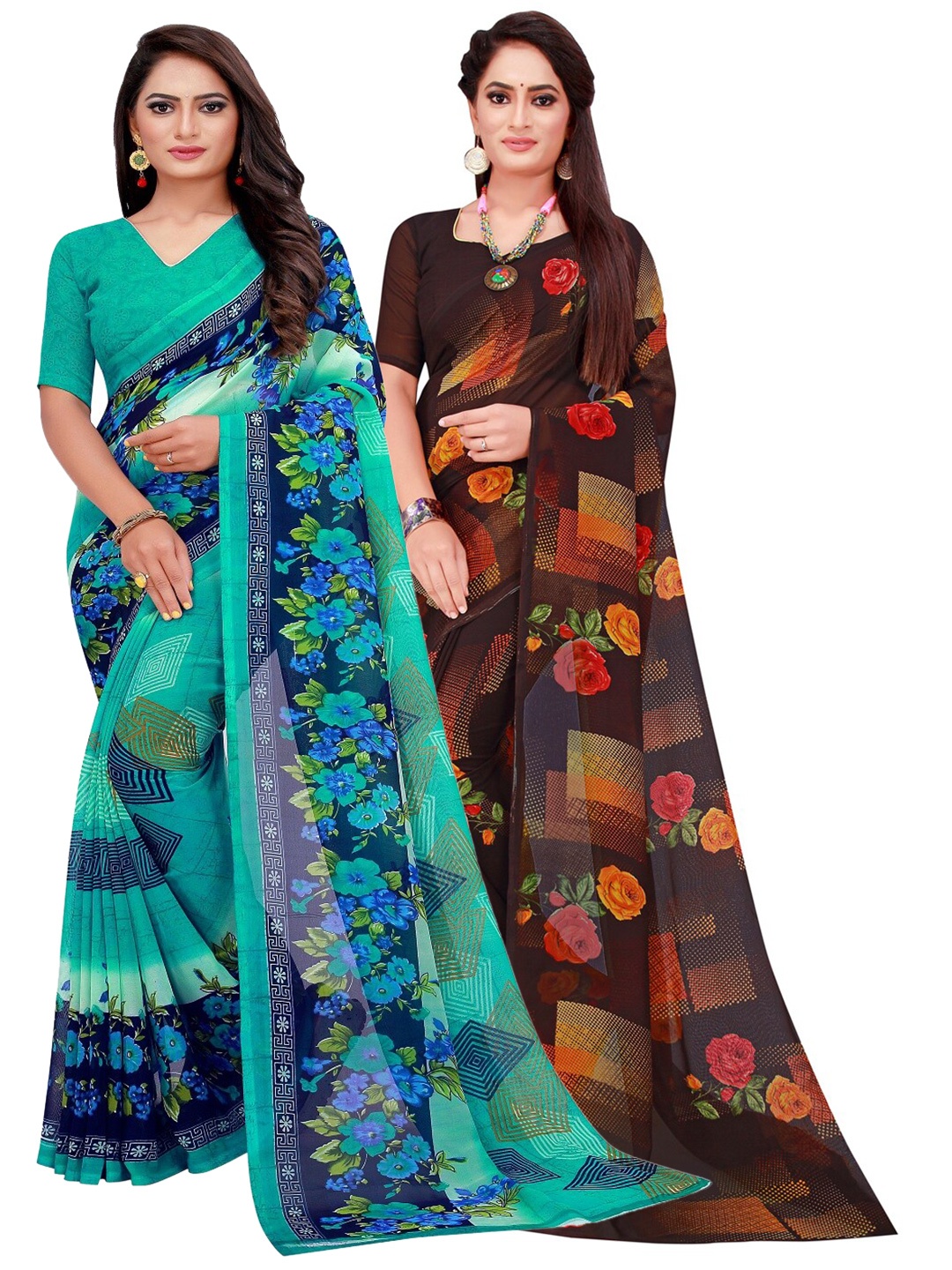

KALINI Pack Of 2 Turquoise Blue & Black Floral Printed Pure Georgette Saree