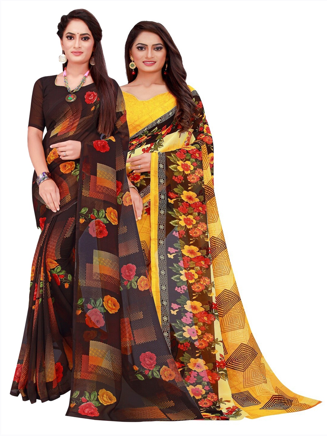 

KALINI Pack Of 2 Pure Georgette Sarees, Yellow