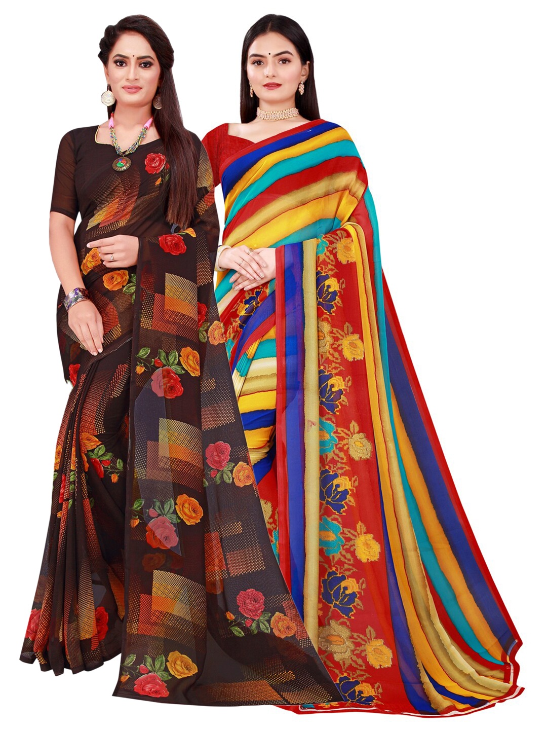 

KALINI Black & Red Set Of 2 Pure Georgette Saree