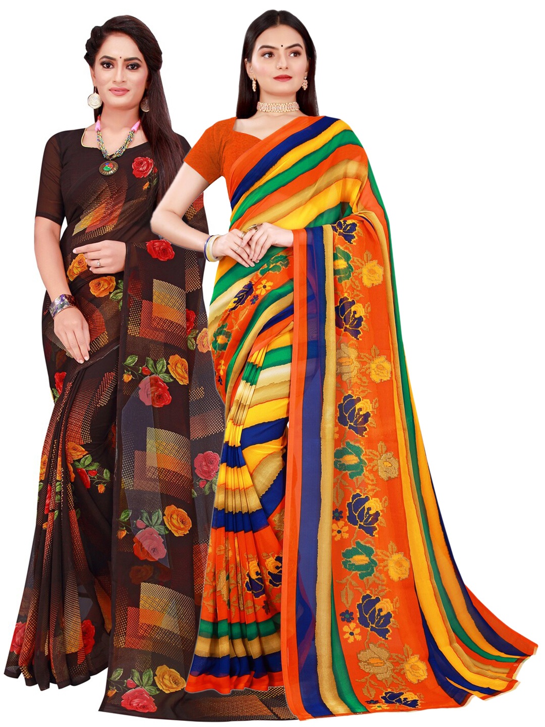 

KALINI Black & Yellow Pack of 2 Floral Pure Georgette Saree