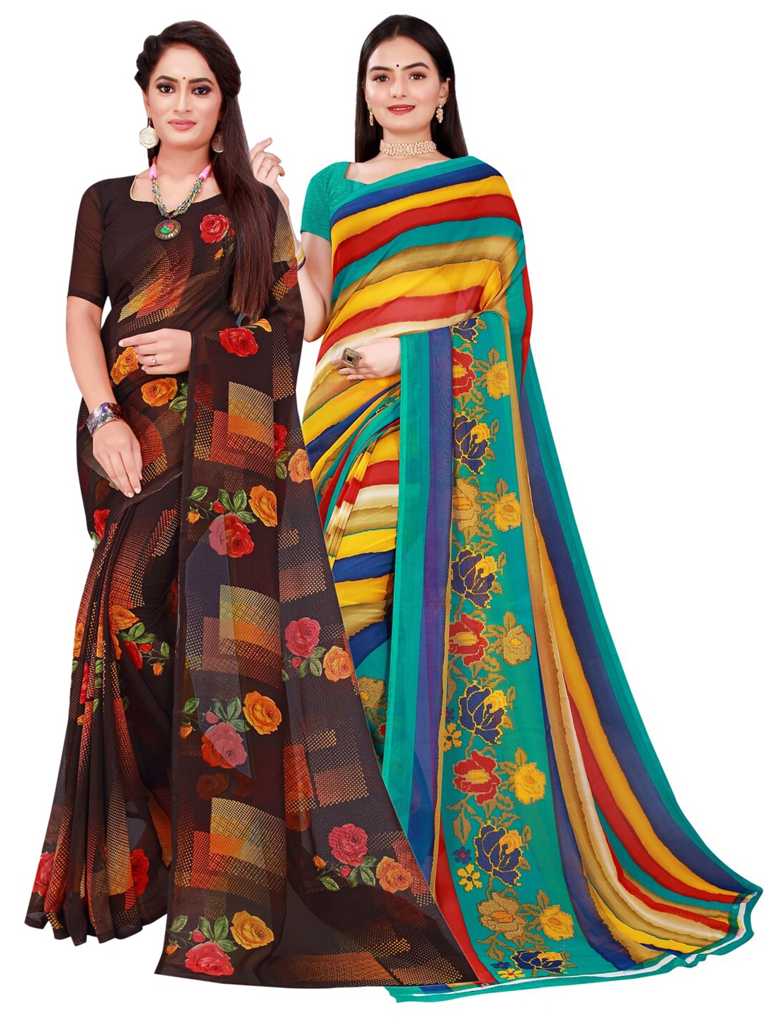 

KALINI Pack Of 2 Pure Georgette Sarees, Brown