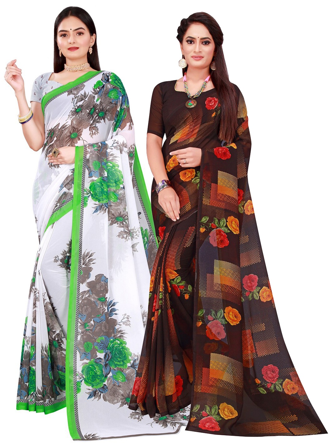

KALINI Black & White Pack of 2 Floral Pure Georgette Saree
