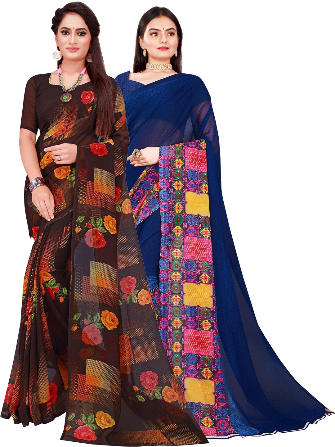 

KALINI Black & Navy Blue Set Of 2 Floral Pure Georgette Saree