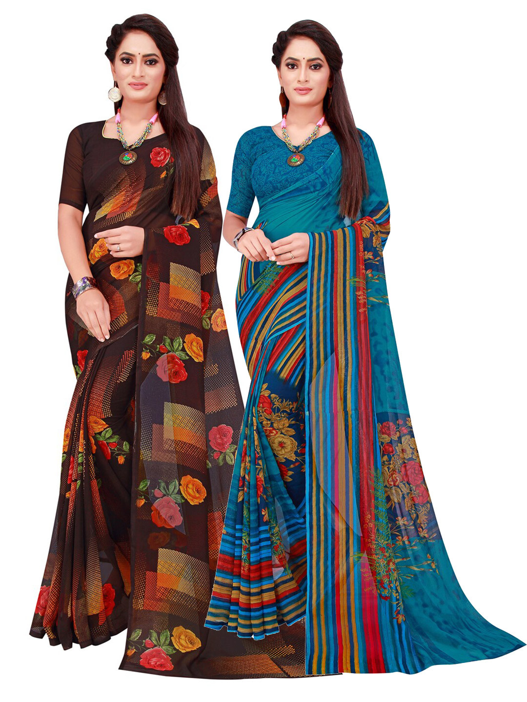 

KALINI Black & Green Set Of 2 Pure Georgette Saree
