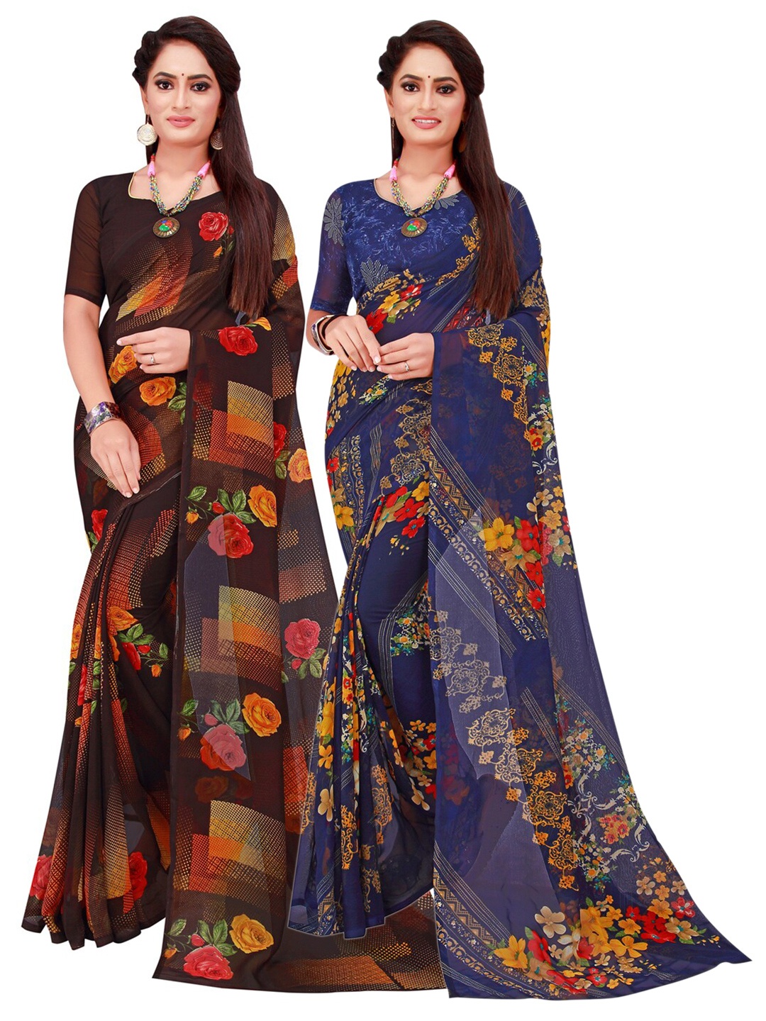 

KALINI Black & Navy Blue Set Of 2 Floral Pure Georgette Saree