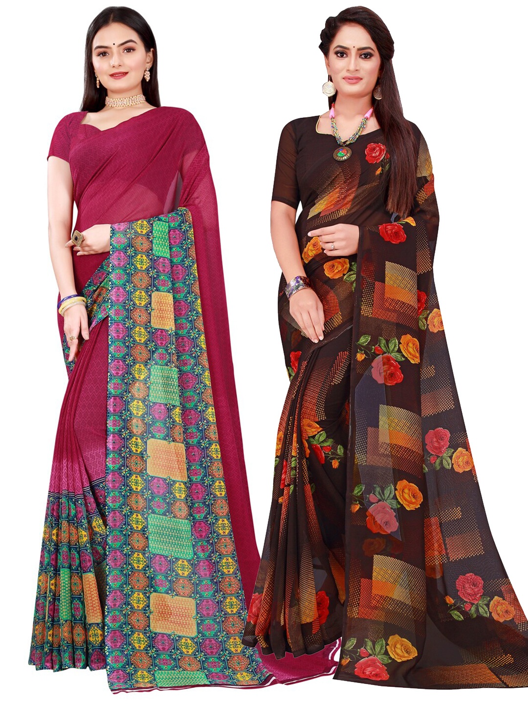 

KALINI Black & Maroon Pack of 2 Floral Pure Georgette Saree