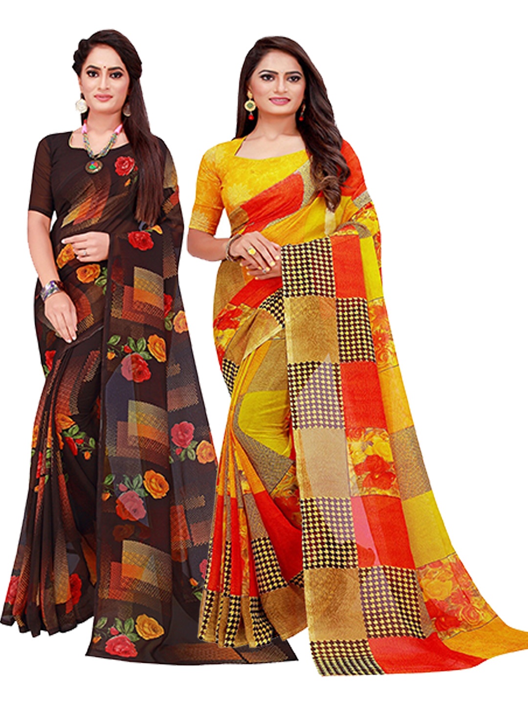 

KALINI Black & Yellow Set Of 2 Floral Pure Georgette Saree