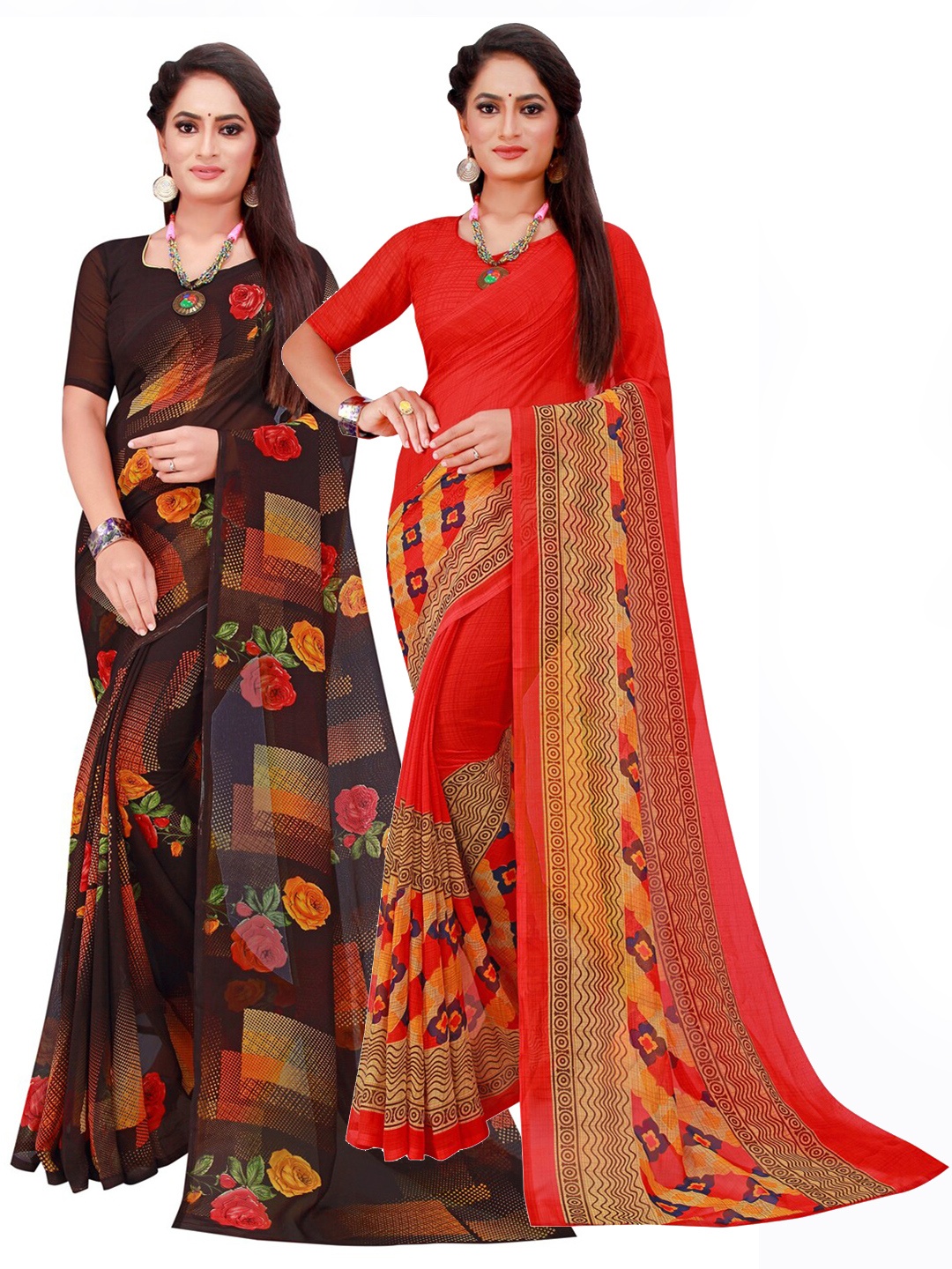 

KALINI Red & Black Set Of 2 Pure Georgette Saree