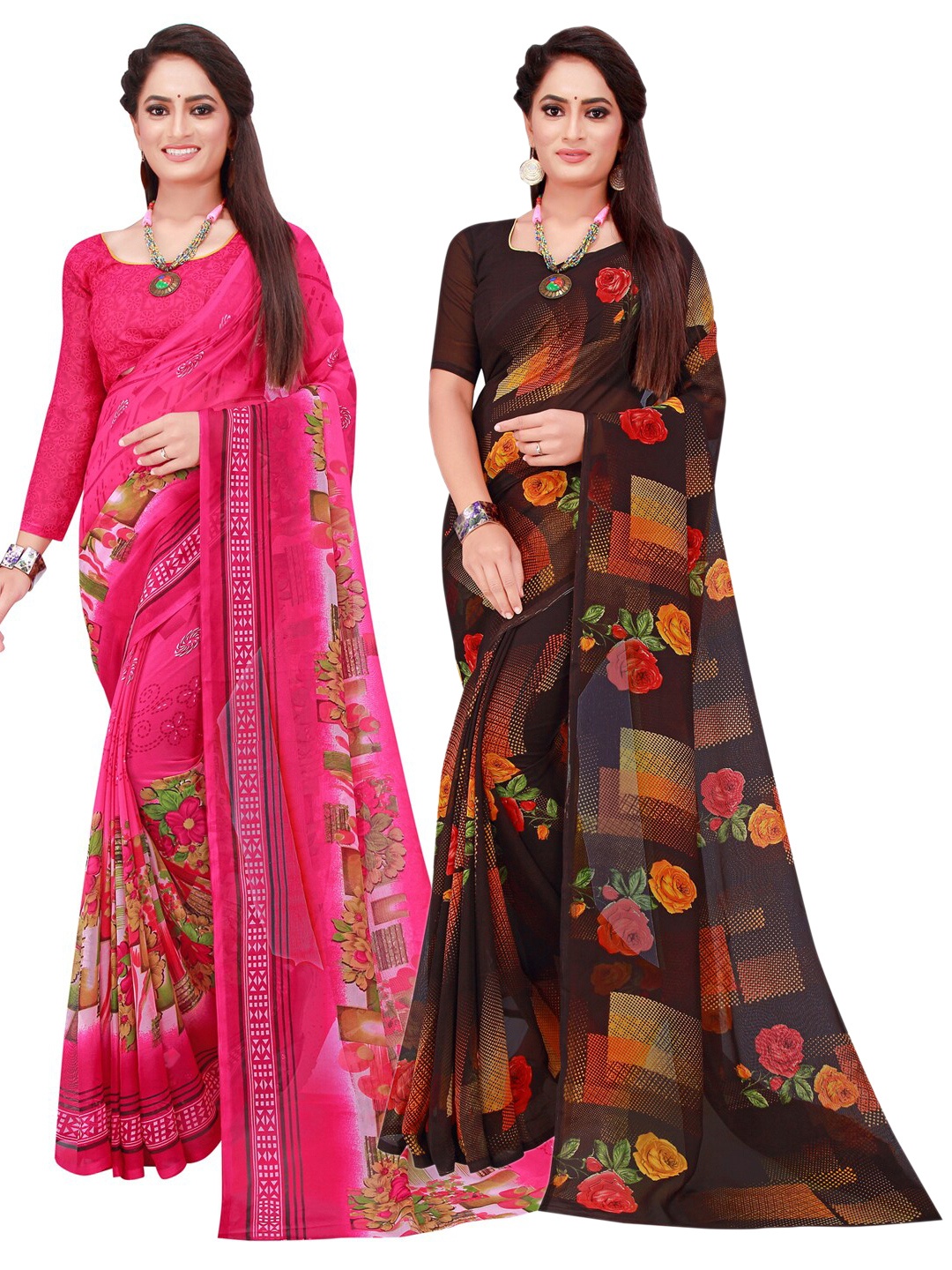 

KALINI Black & Pink Pack of 2 Floral Pure Georgette Saree