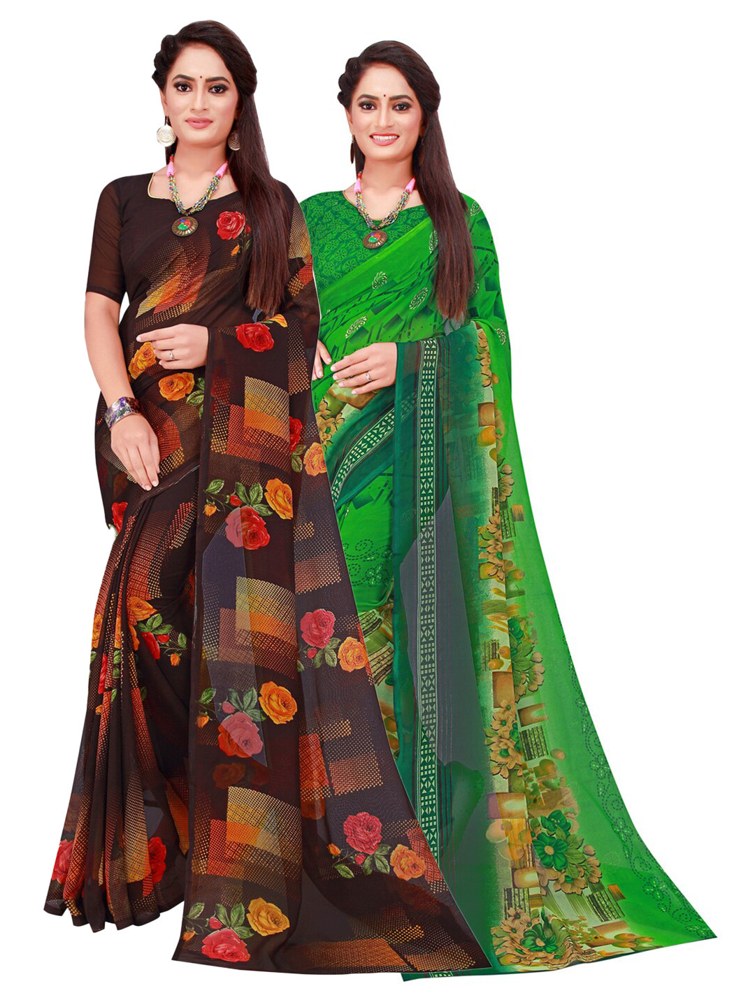 

KALINI Black & Green Set Of 2 Pure Georgette Saree