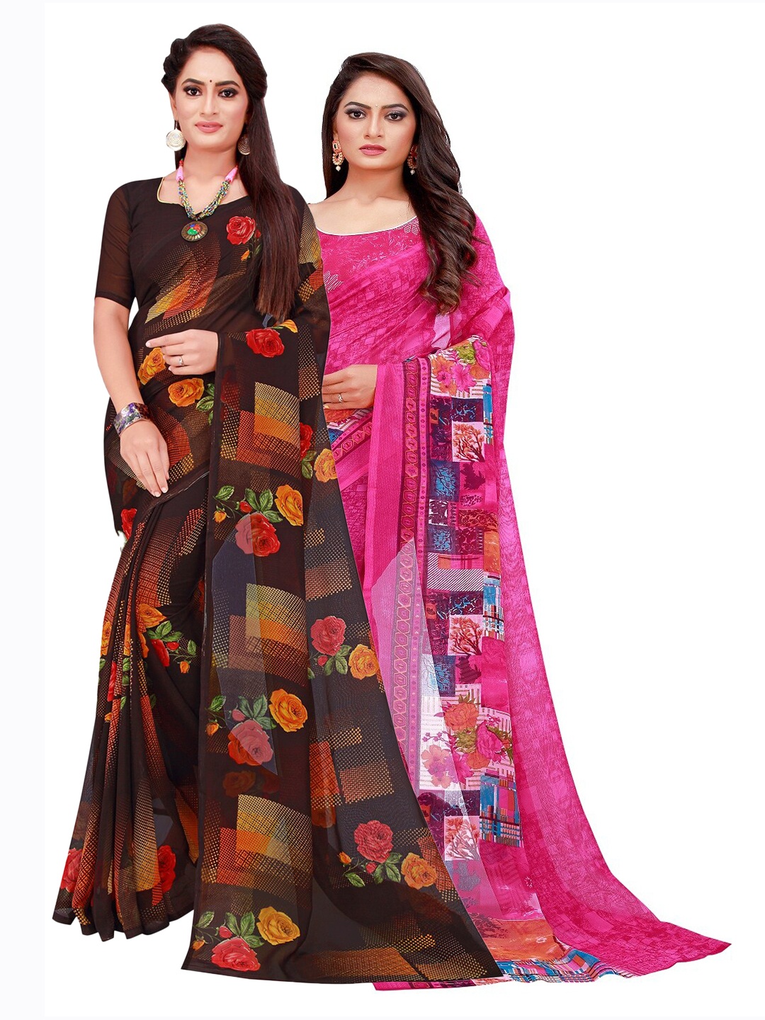 

KALINI Magenta & Black Set Of 2 Floral Pure Georgette Saree
