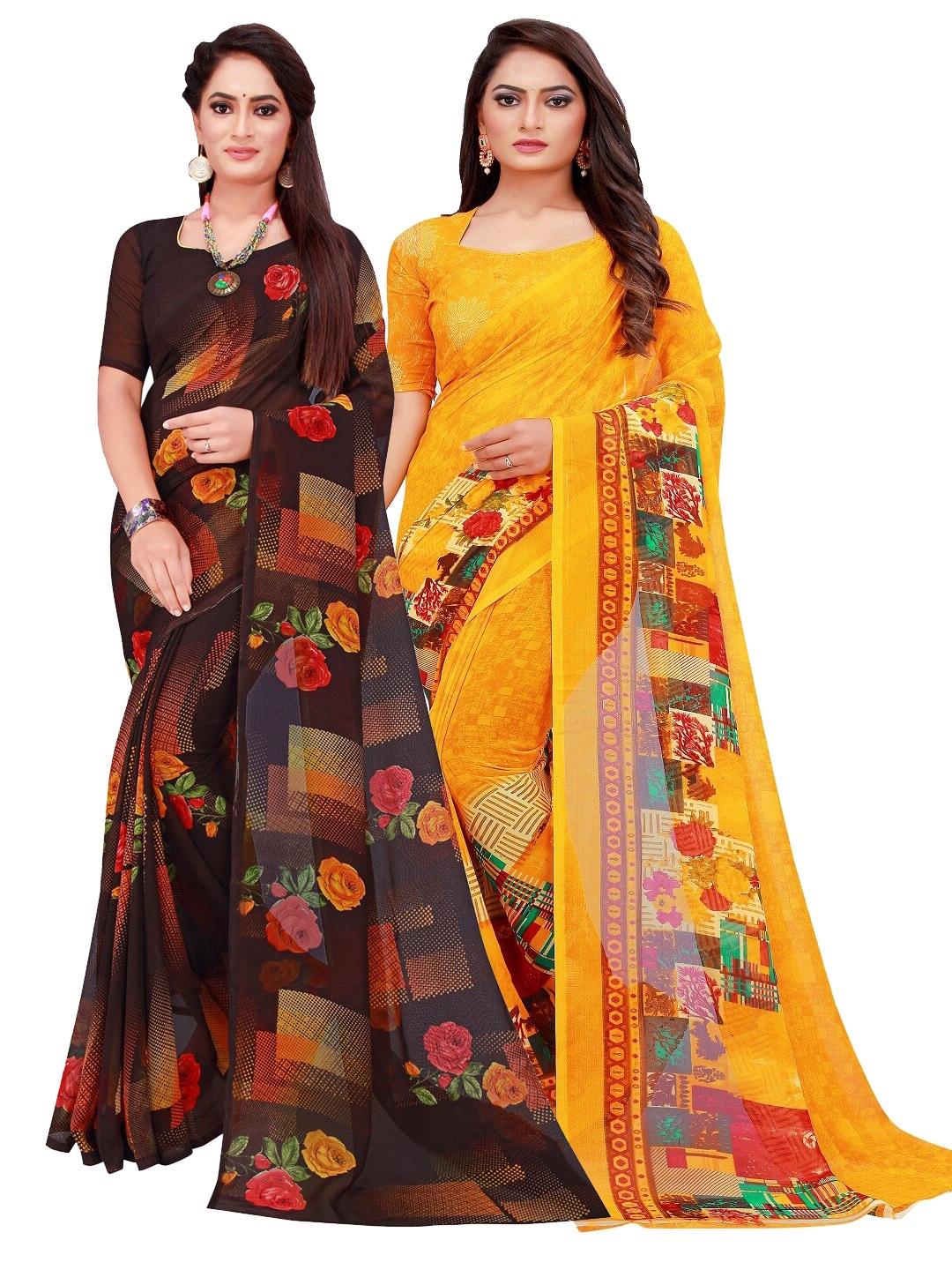 

KALINI Black & Red Pack of 2 Floral Pure Georgette Saree
