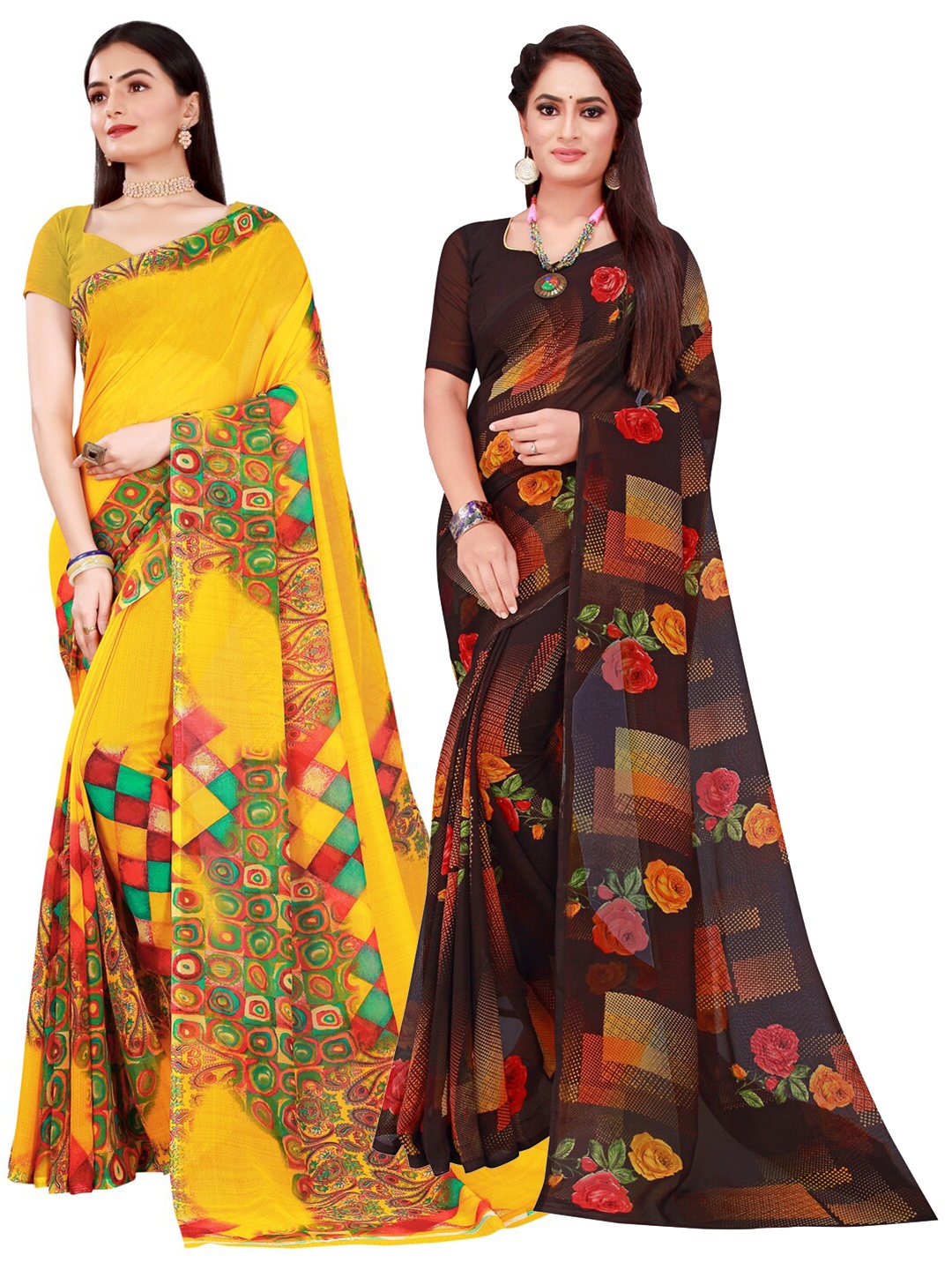 

KALINI Black & Yellow Set Of 2 Pure Georgette Saree