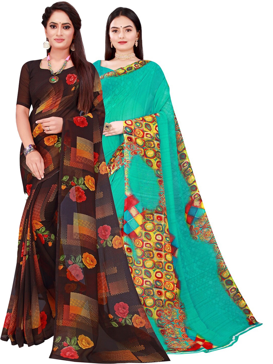 

KALINI Brown & Green Printed Pure Georgette Saree Pack Of 2