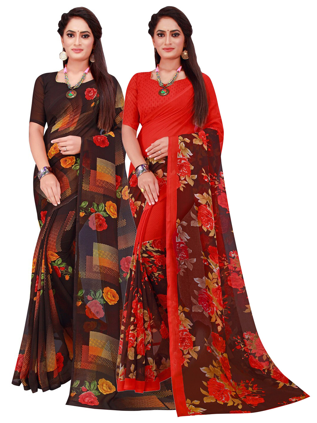 

KALINI Brown & Red Set Of 2 Pure Georgette Saree