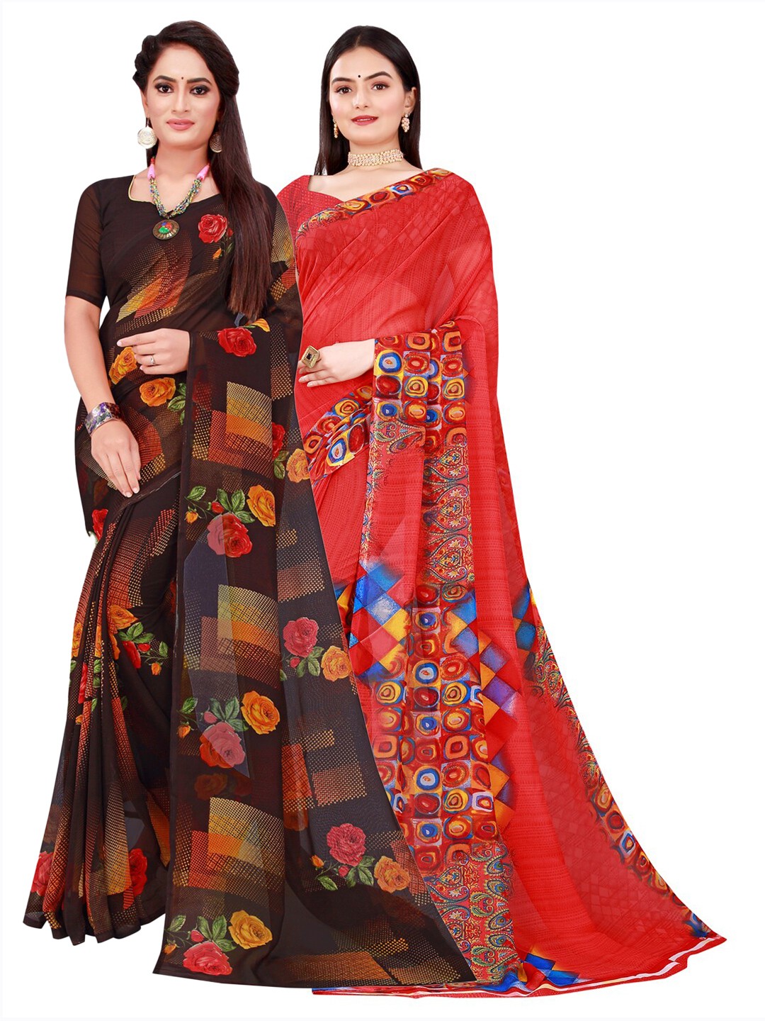 

KALINI Red & Brown Set Of 2 Floral Pure Georgette Saree