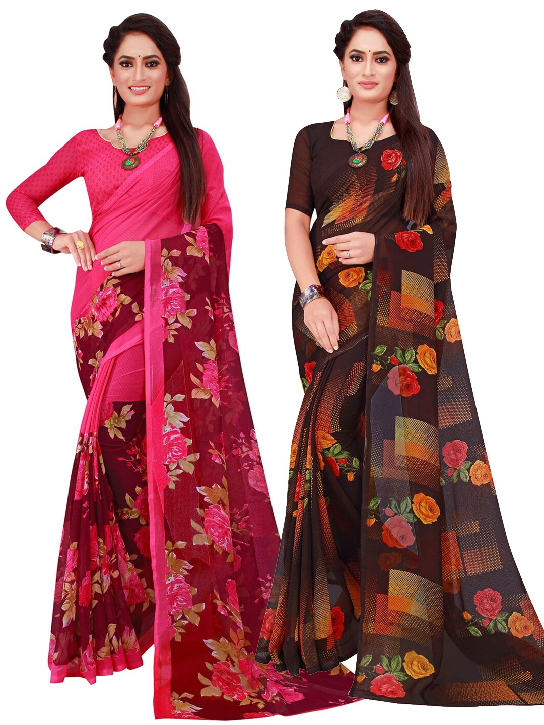 

KALINI Pack Of 2 Pure Georgette Sarees, Black