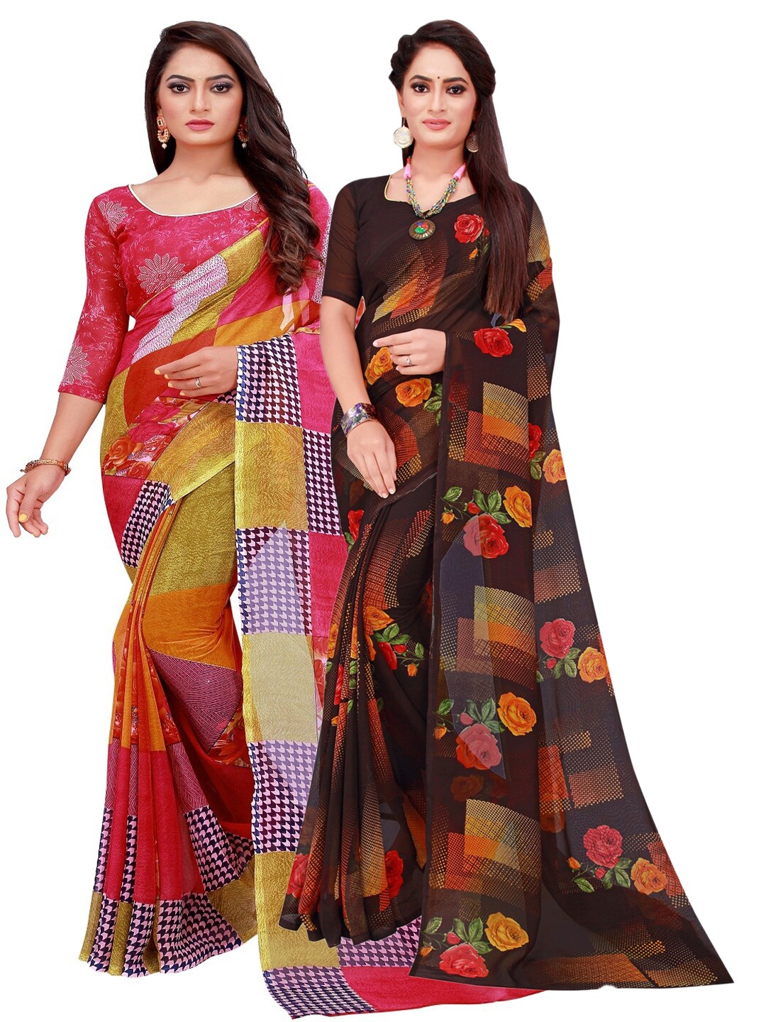 

KALINI Red & Black Pack of 2 Floral Pure Georgette Saree
