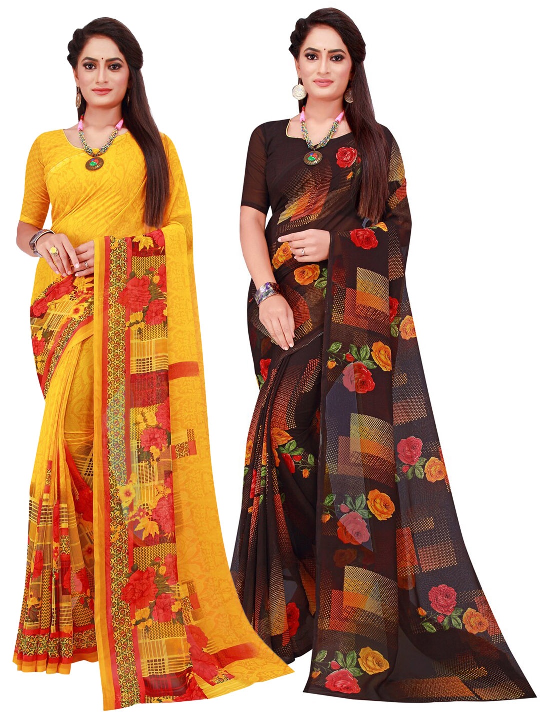 KALINI Yellow & Black Set Of 2 Floral Pure Georgette Saree