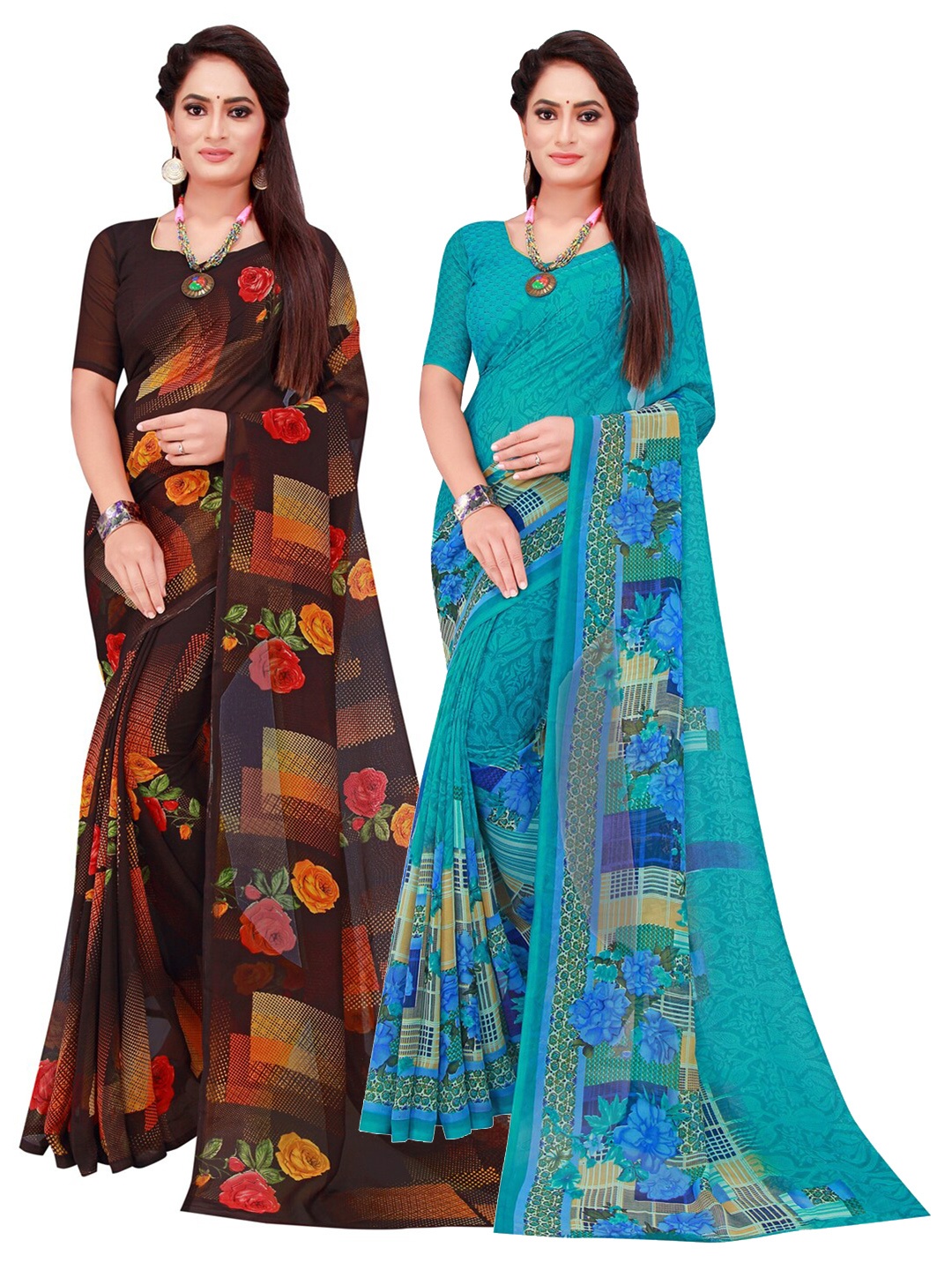 

KALINI Black & Blue Set Of 2 Floral Pure Georgette Saree