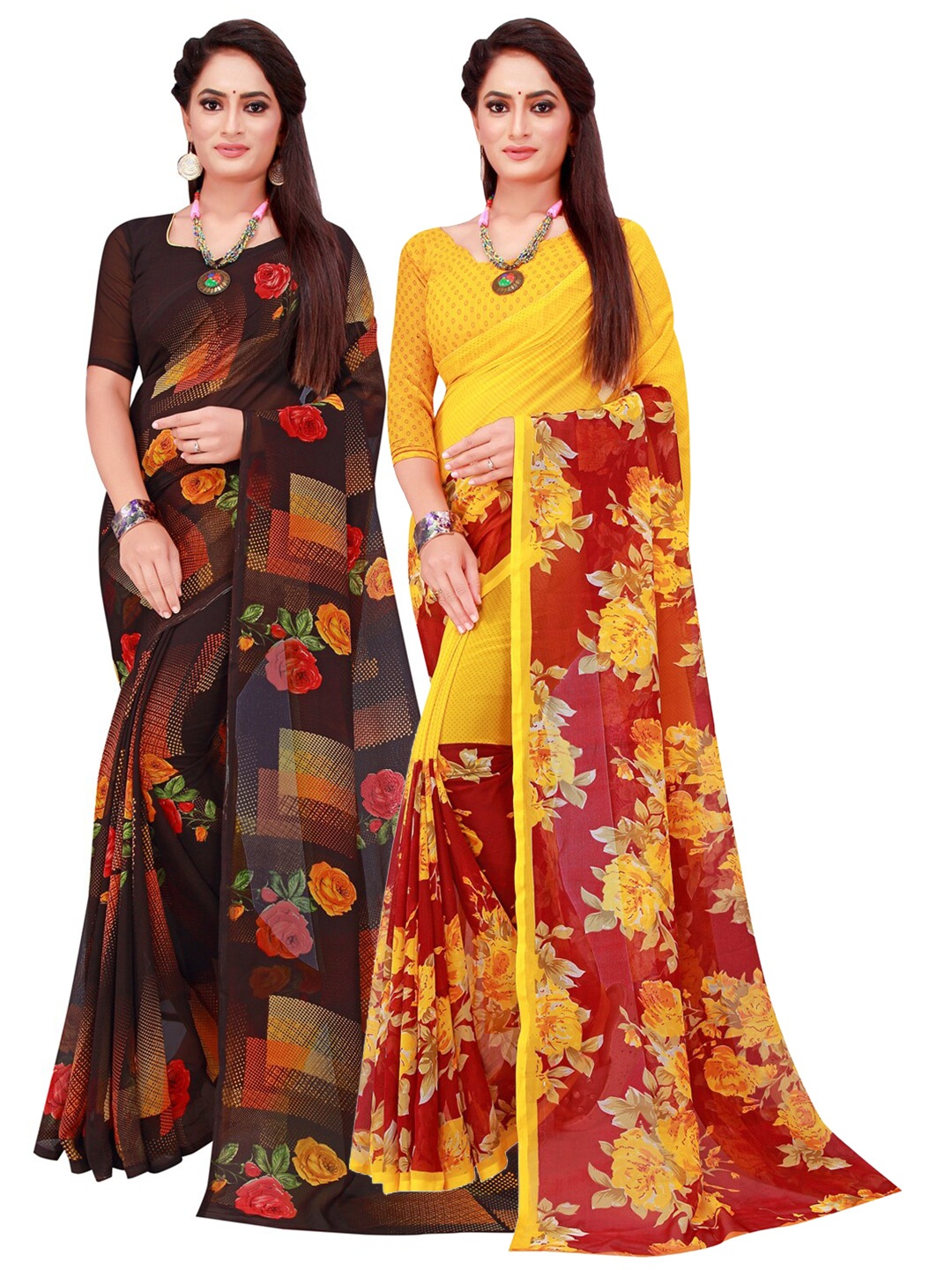 KALINI Pack Of 2 Black & Yellow Pure Georgette Saree