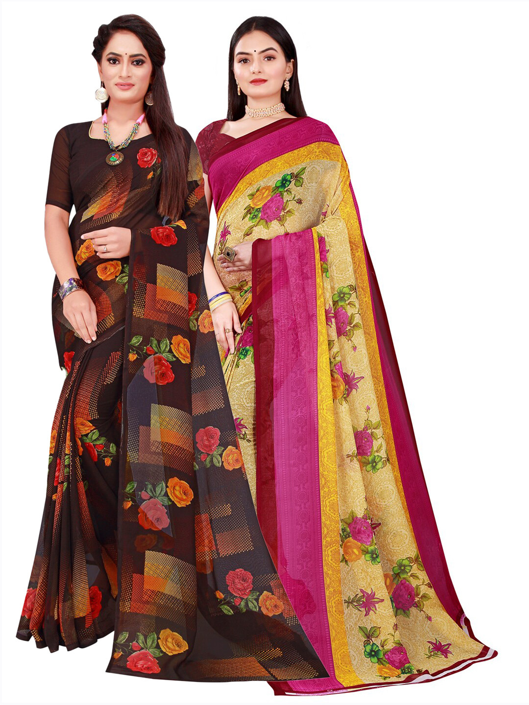 

KALINI Beige & Black Set Of 2 Pure Georgette Saree