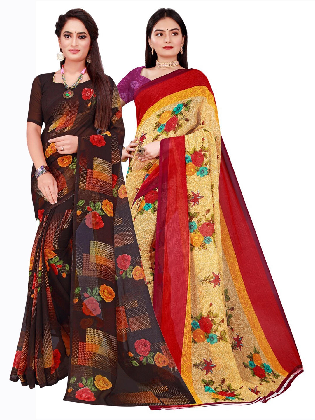 

KALINI Pack Of 2 Pure Georgette Sarees, Beige