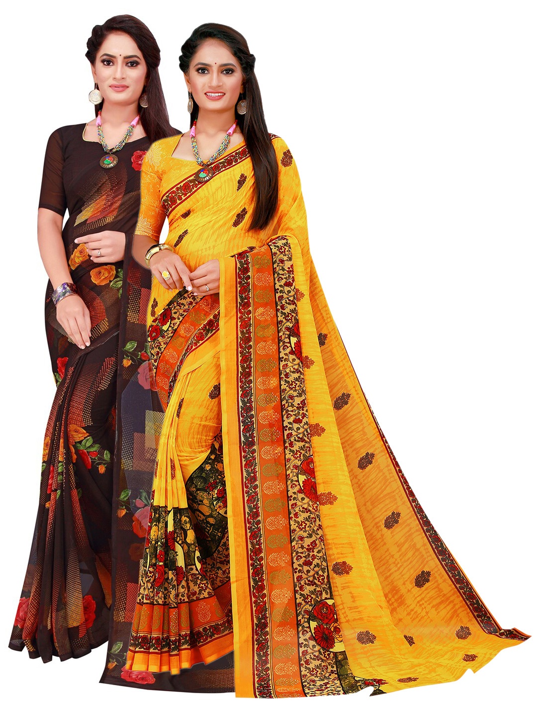 

KALINI Black & Yellow Set Of 2 Pure Georgette Saree
