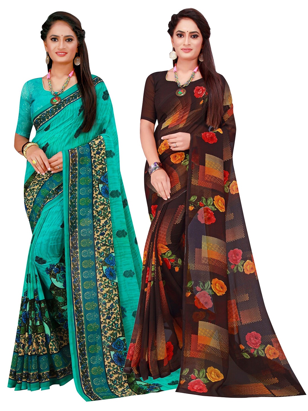 

KALINI Black & Turquoise Pack of 2 Floral Blue Pure Georgette Saree