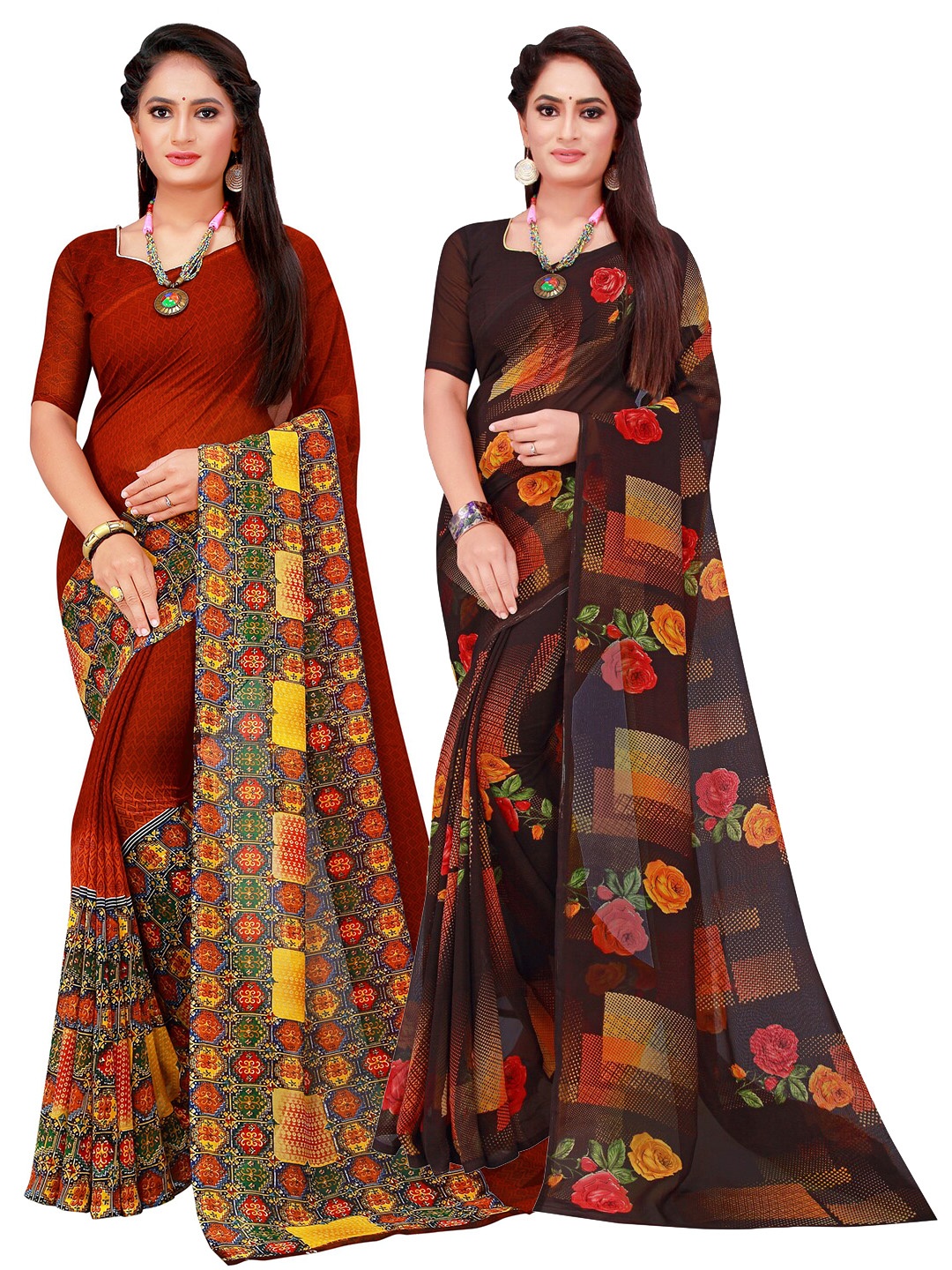 

KALINI Brown & Maroon Set Of 2 Pure Georgette Saree, Black