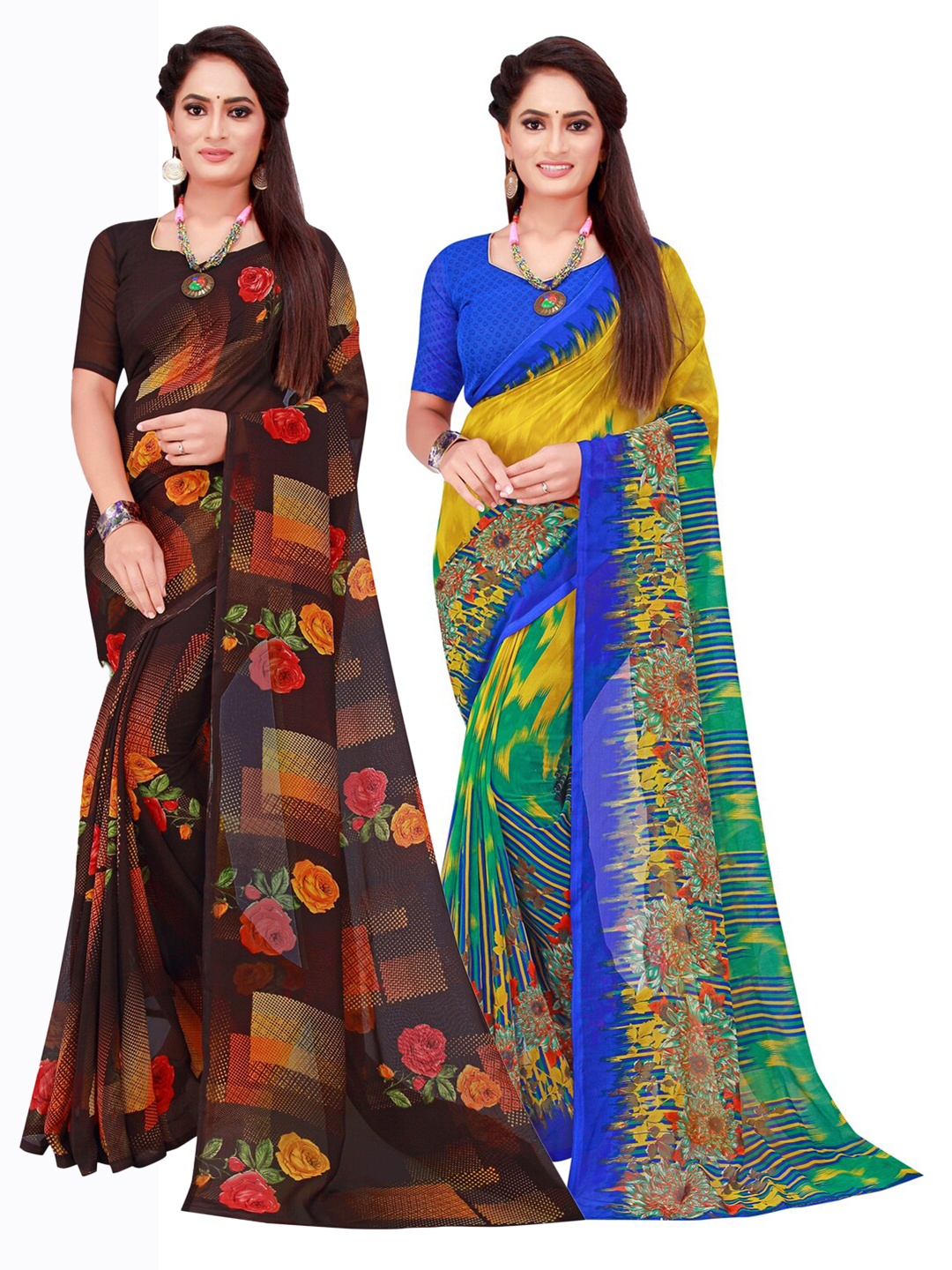 

KALINI Pack Of 2 Pure Georgette Sarees, Brown
