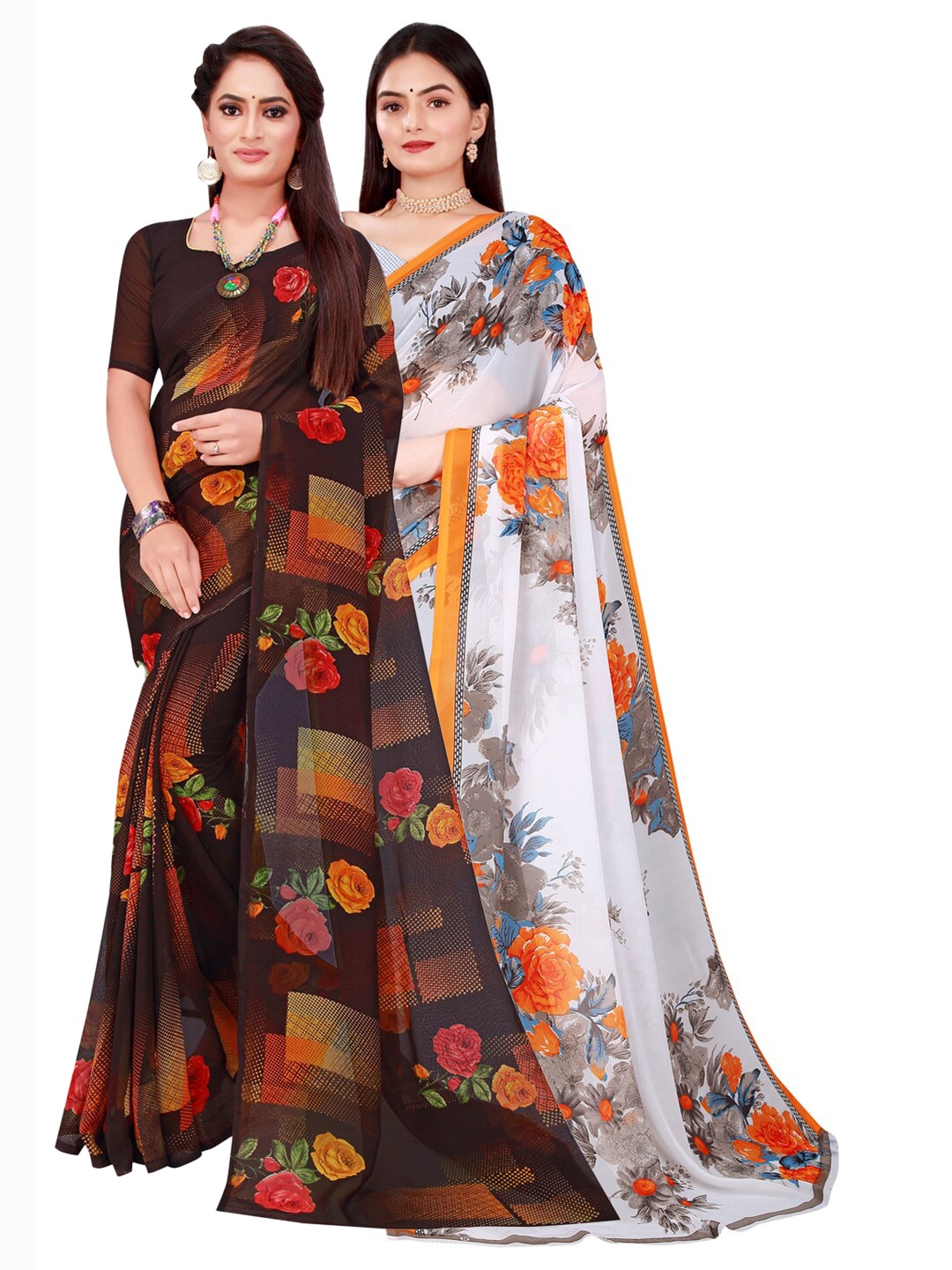 KALINI Brown & White Pack of 2 Floral Pure Georgette Saree