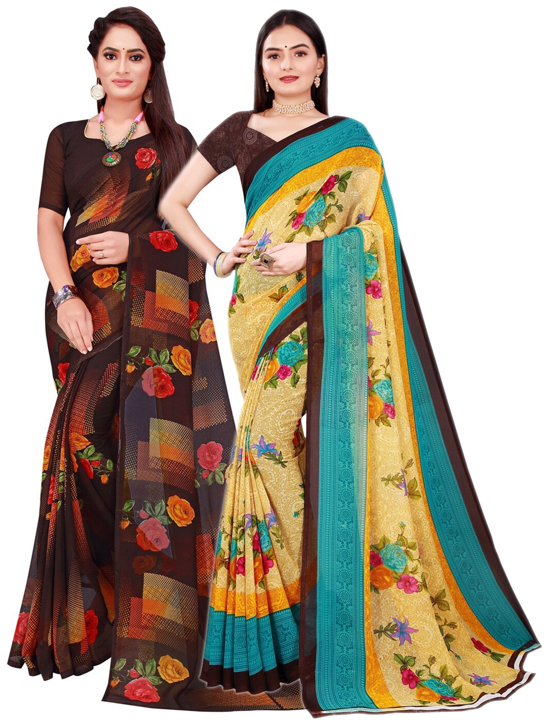 KALINI Pack Of 2 Brown & Blue Floral Printed Pure Georgette Saree