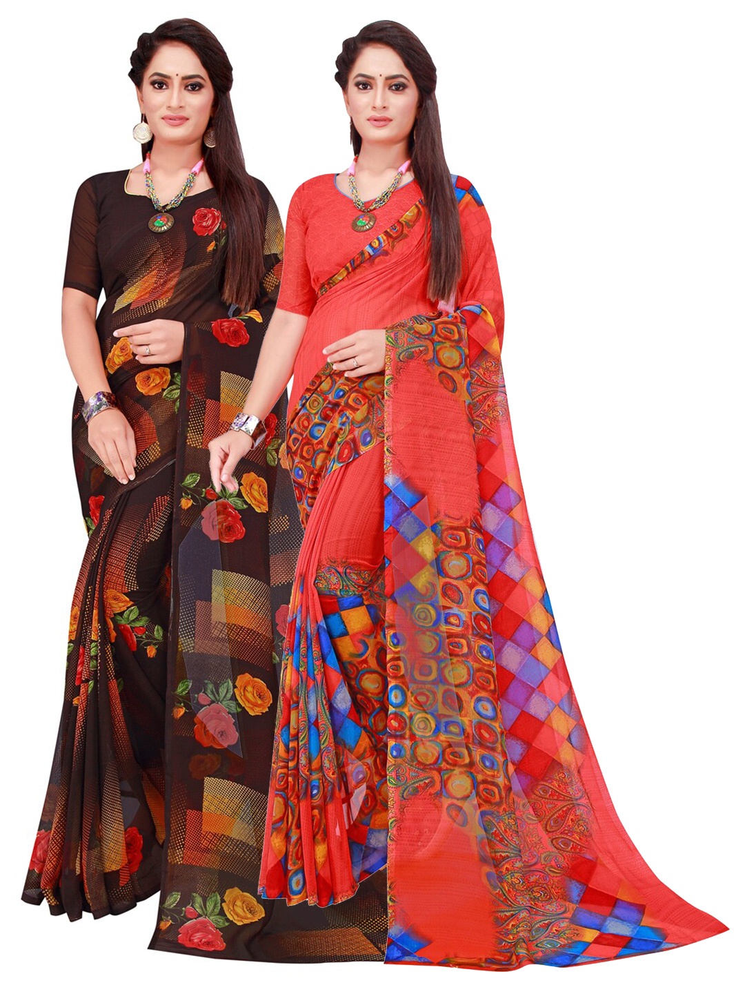 

KALINI Black & Red Set Of 2 Pure Georgette Saree